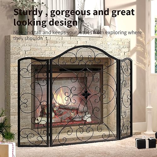Miniatura 4 de Pantalla para chimenea de 3 paneles de hierro forjado de 50 pulgadas de largo x 36 pulgadas de alto, moderno, plegable, de seguridad, para cerca,