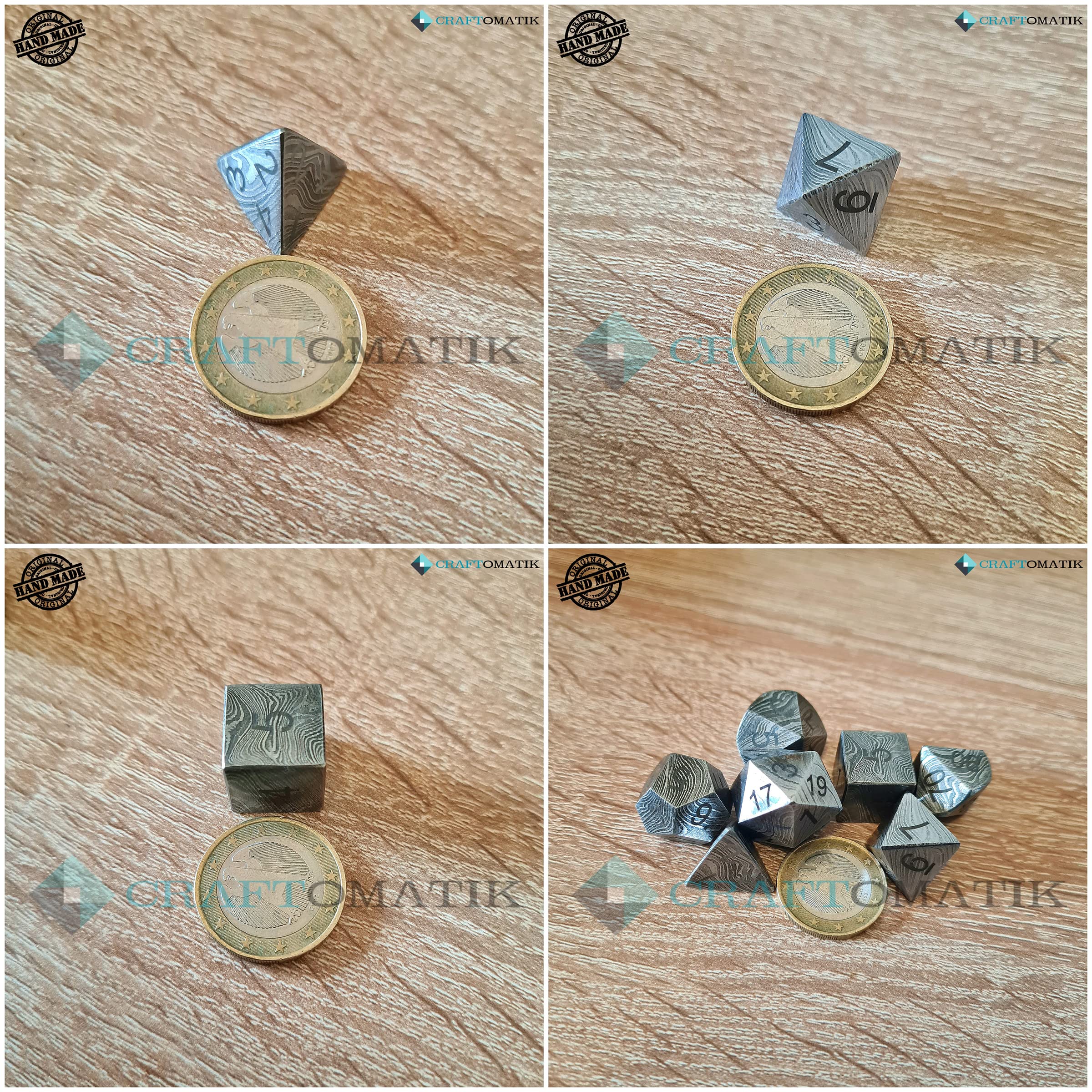 DND Juego de dados de Damasco, 7 piezas, hecho a mano, acero de Damasco, MTG RPG D&D Dice, bolsa de piel con alfombrilla de juego