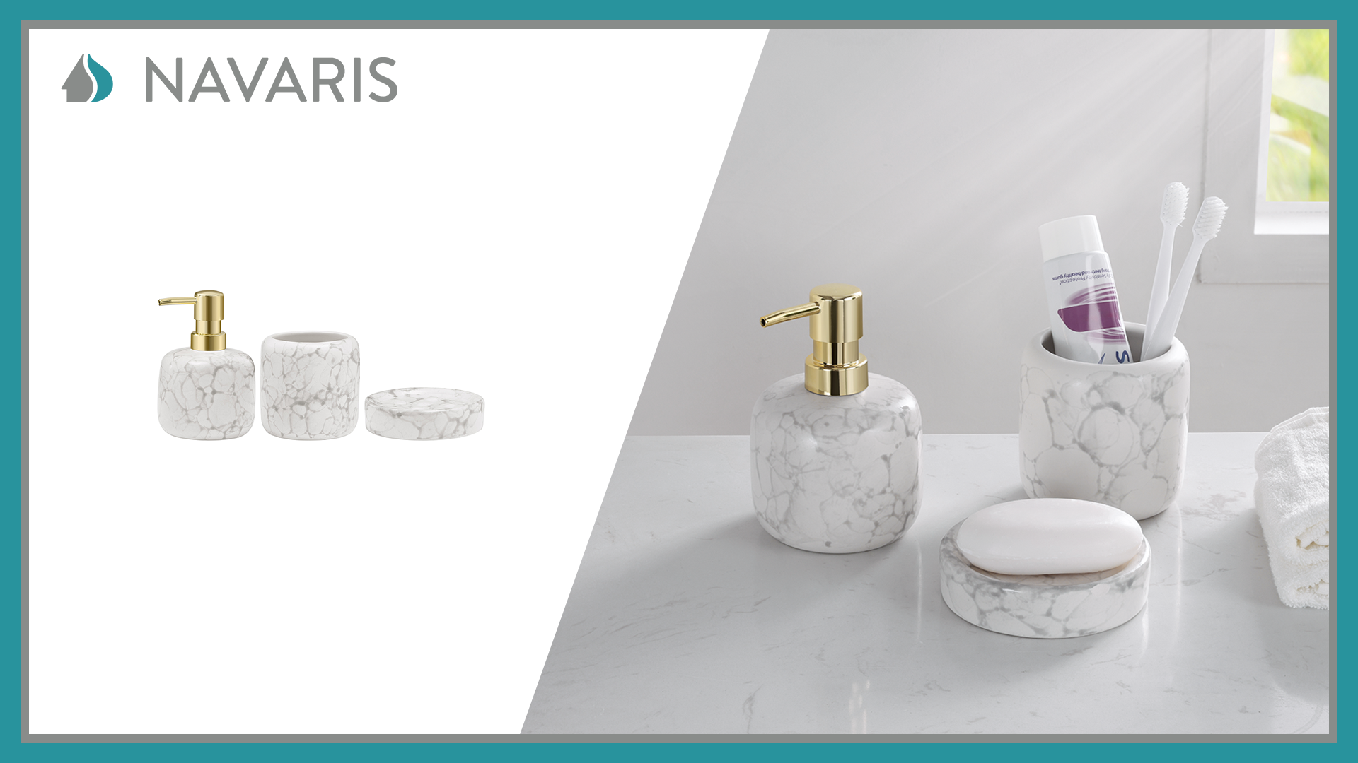 Navaris Set Salle De Bain 3 Pièces Blanc - Distributeur Savon, Porte-Brosse à Dents, Porte-Savon - Céramique