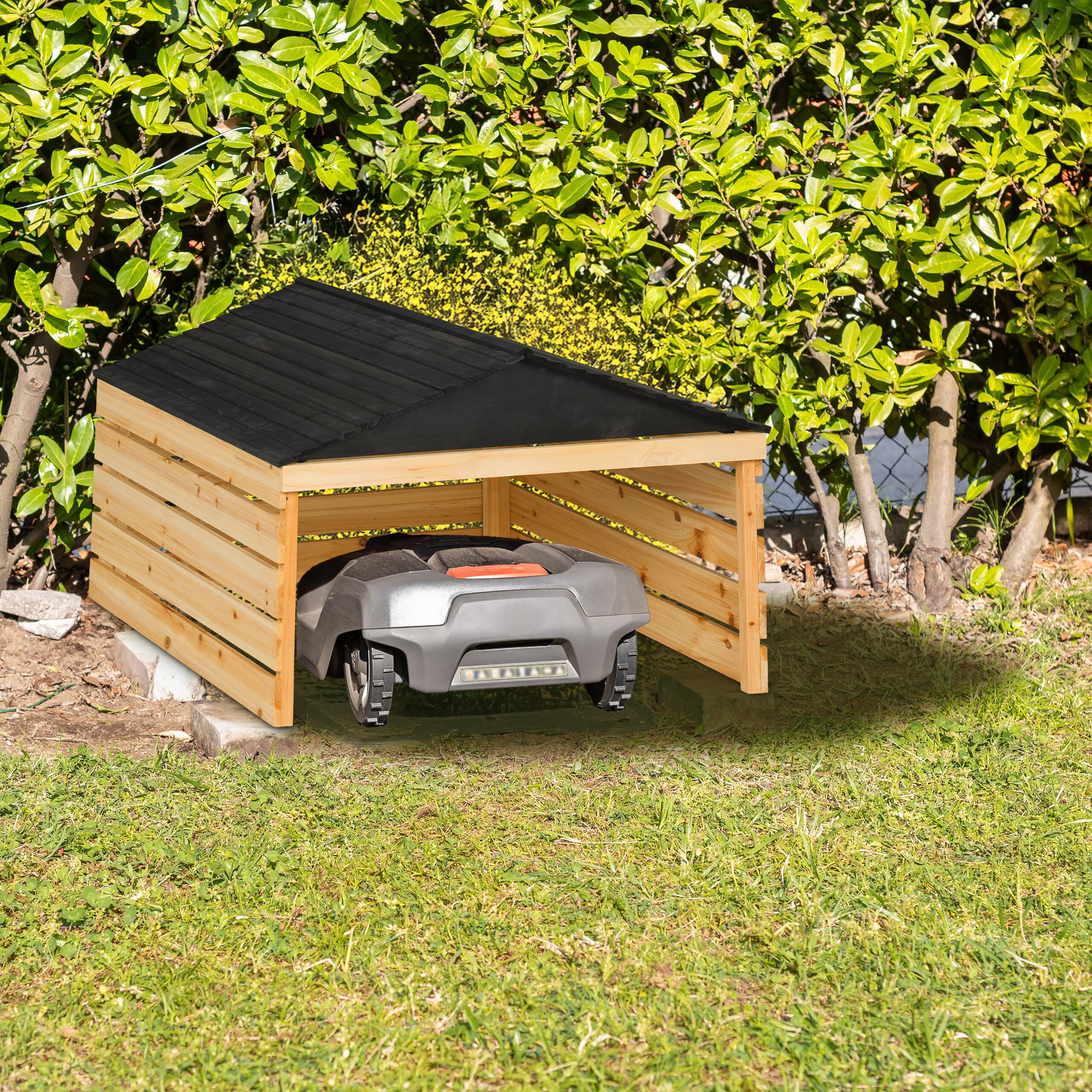Relaxdays Garage per Tagliaerba Universale, Casetta per Robot Taglia Erba, 52,5x79x74 cm, Tettoia Legno, Naturale Nero