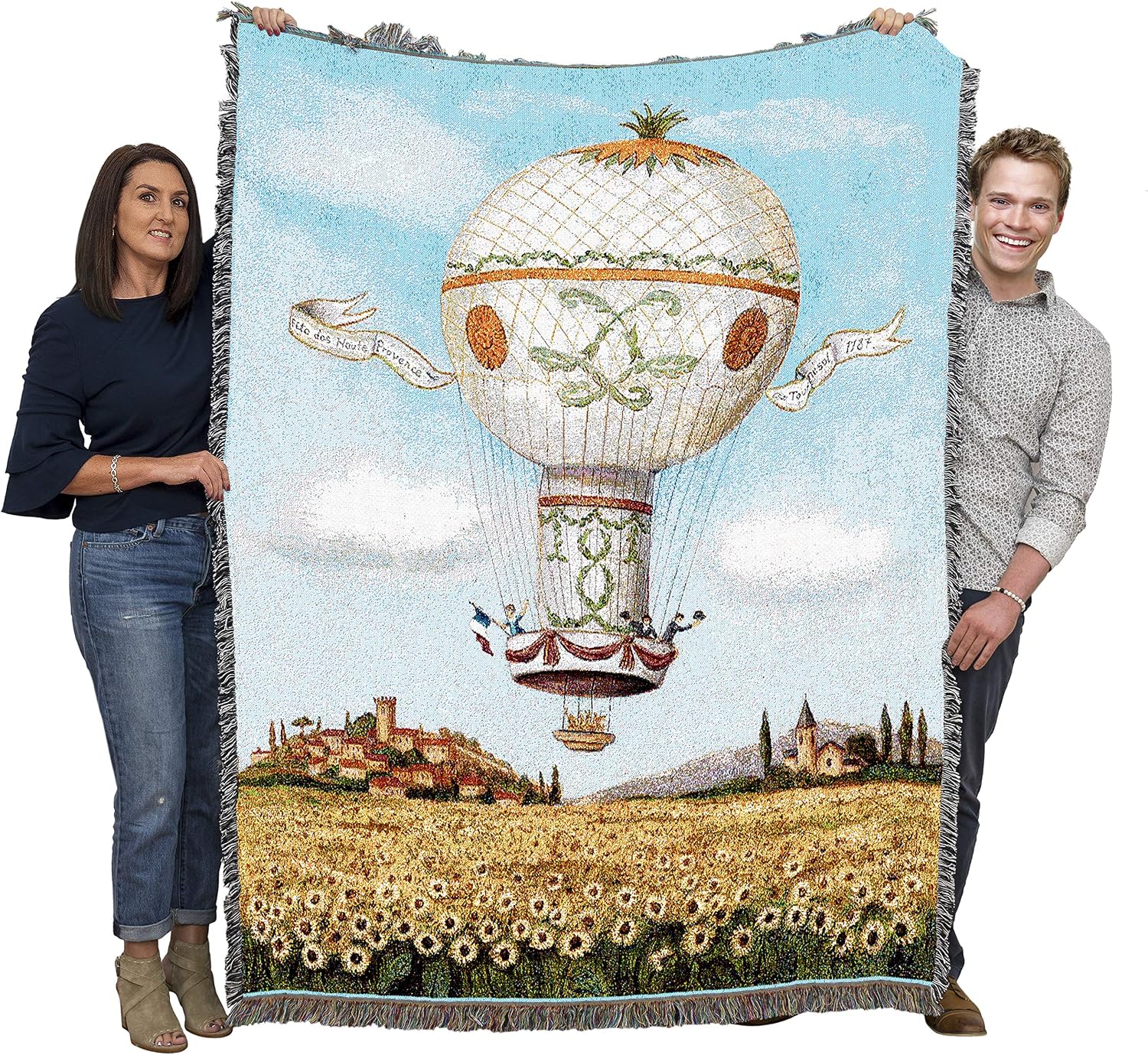Pure Country Weavers Balloon Flight Over Sunflowers Blanket - Hot Air Ballon Scenic Gift Garden Floral Tapestry Throw Woven from Cotton - Made in the USA (72x54)