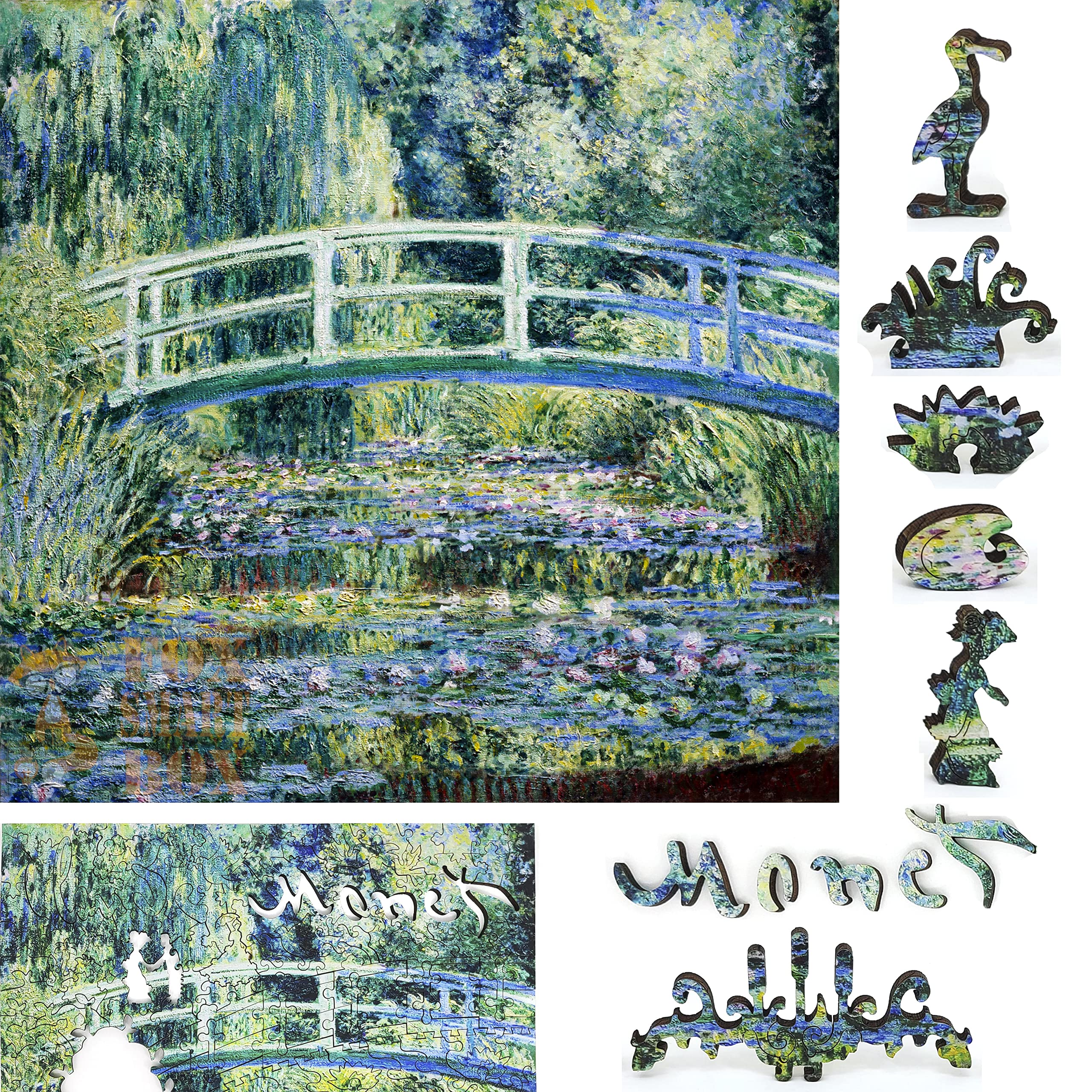 Wooden Jigsaw Puzzle for Adults - Uniquely Shaped Pieces - Made in The USA by FoxSmartBox - 210 Pieces - Water Lilies and Japanese Bridge