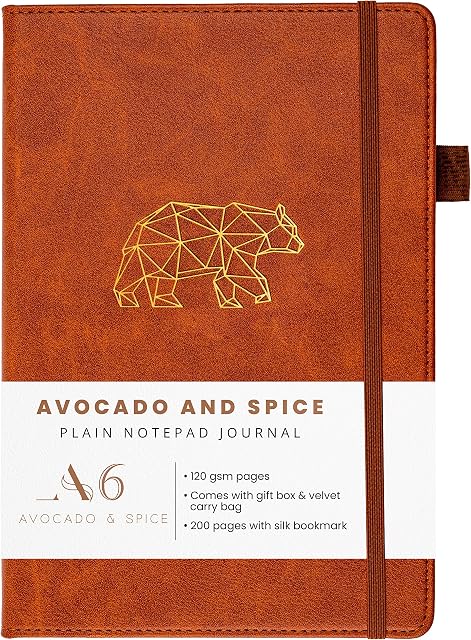 A6 Sketchbook Small Notebook by Avocado and Spice® Faux Leather A6 Notebook with Gift Box & Velvet Bag  Pocket Notepad Leather Journal for Men and Women with 200 Thick Pages (Brown, Plain)