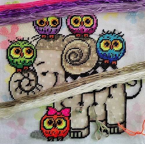 Miniatura 2 de Brvsk Kit de bordado de habitación infantil para adultos y principiantes - Elefante y búhos de 16 x 16 pulgadas con diseño impreso claro y preciso