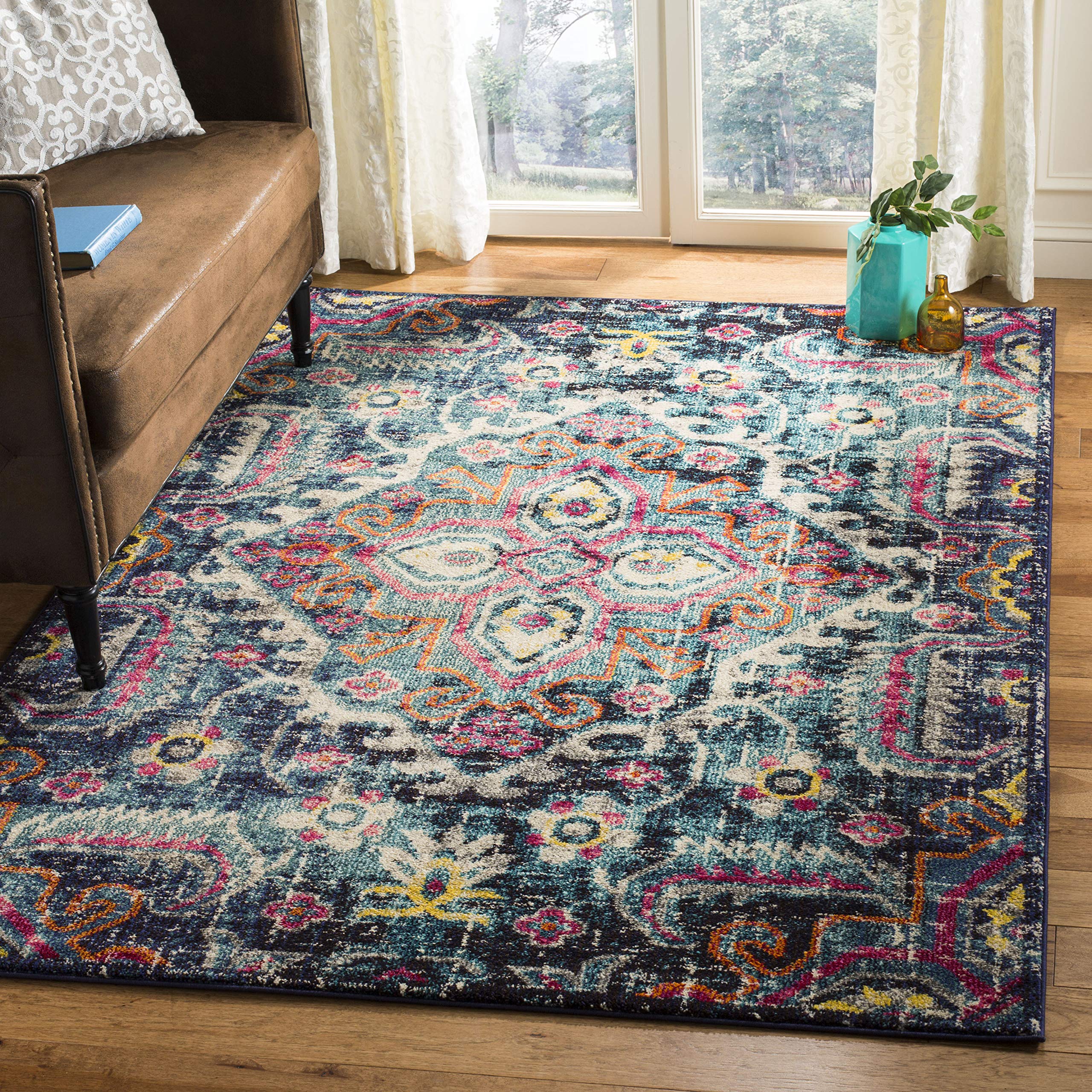 SAFAVIEH Monaco Collection Area Rug - 6'7" x 9'2", Blue & Fuchsia, Boho Chic Medallion Distressed Design, Non-Shedding & Easy Care, Ideal for High
