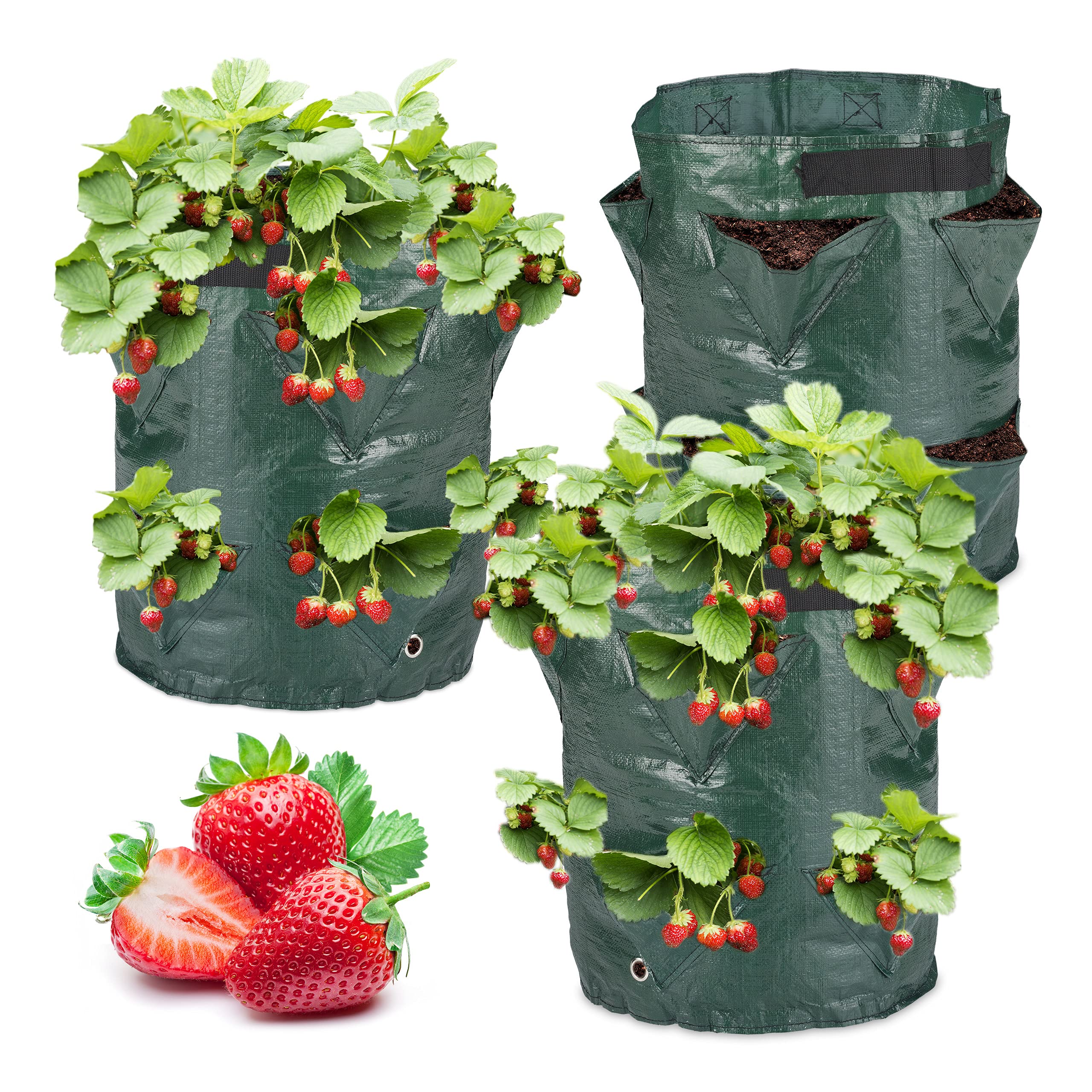 Relaxdays Sac de Plantation en Lot de 3, avec Fond perforé, 2 poignées, en Plastique, H x D : 44 x 33 cm, Vert foncé