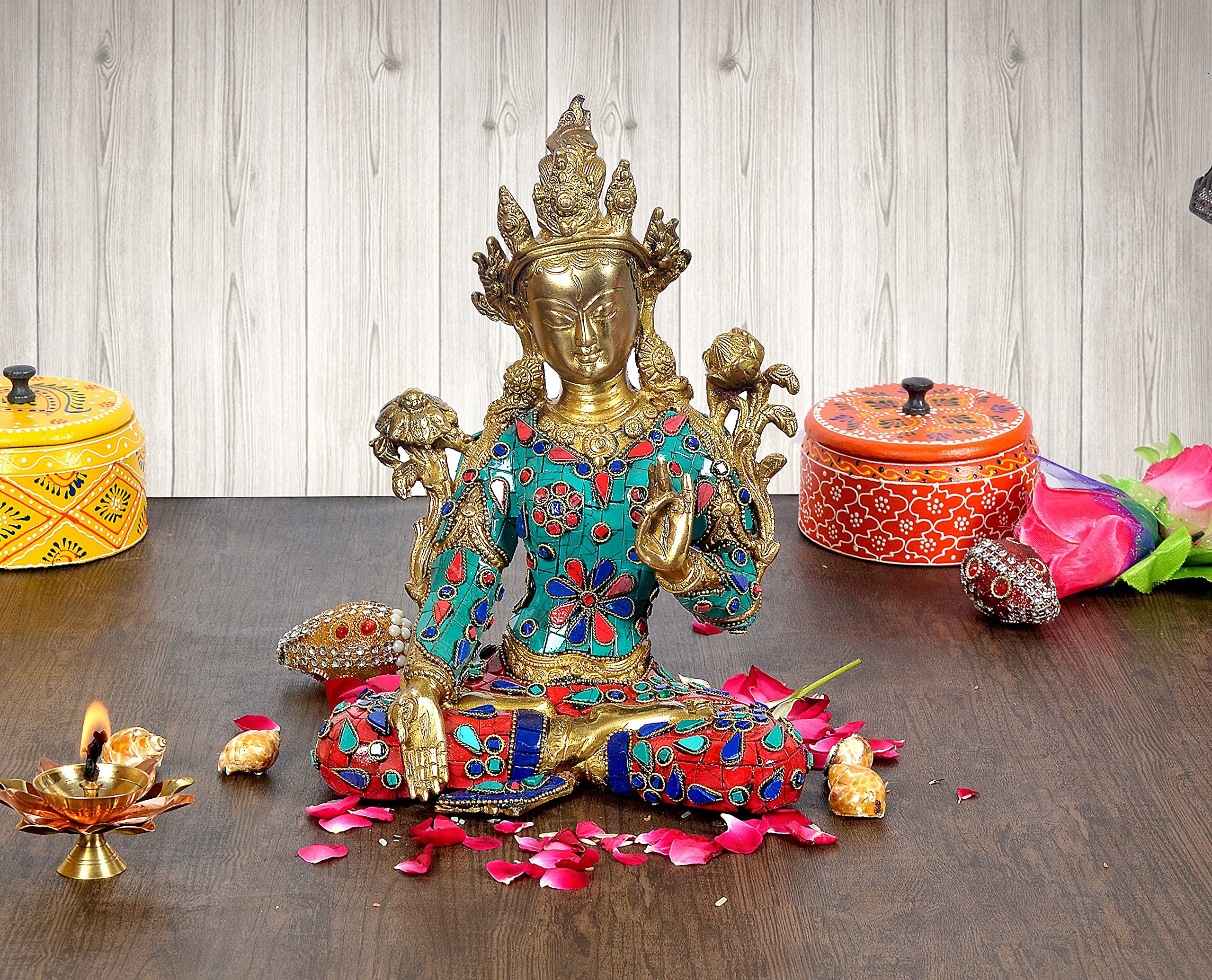 AONA Brass Tara Devi Statue -Brass Tibetan Goddess Yin Kwan Sculpture Height 10 Inches