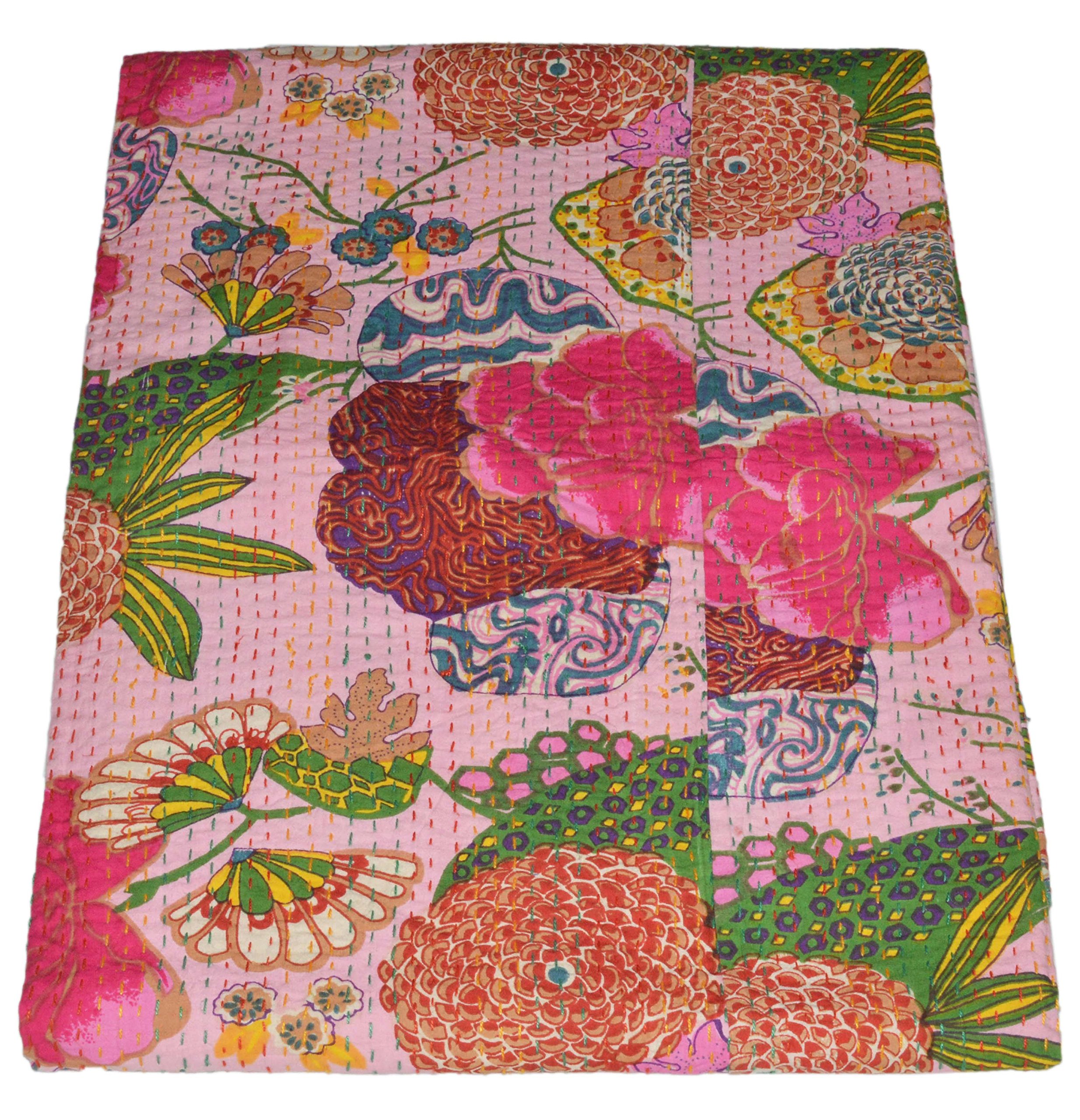 YUVANCRAFTS Couvre-lit Kantha en coton avec impression de fruits - Couvre-lits indiens (Twin_Multicolore)