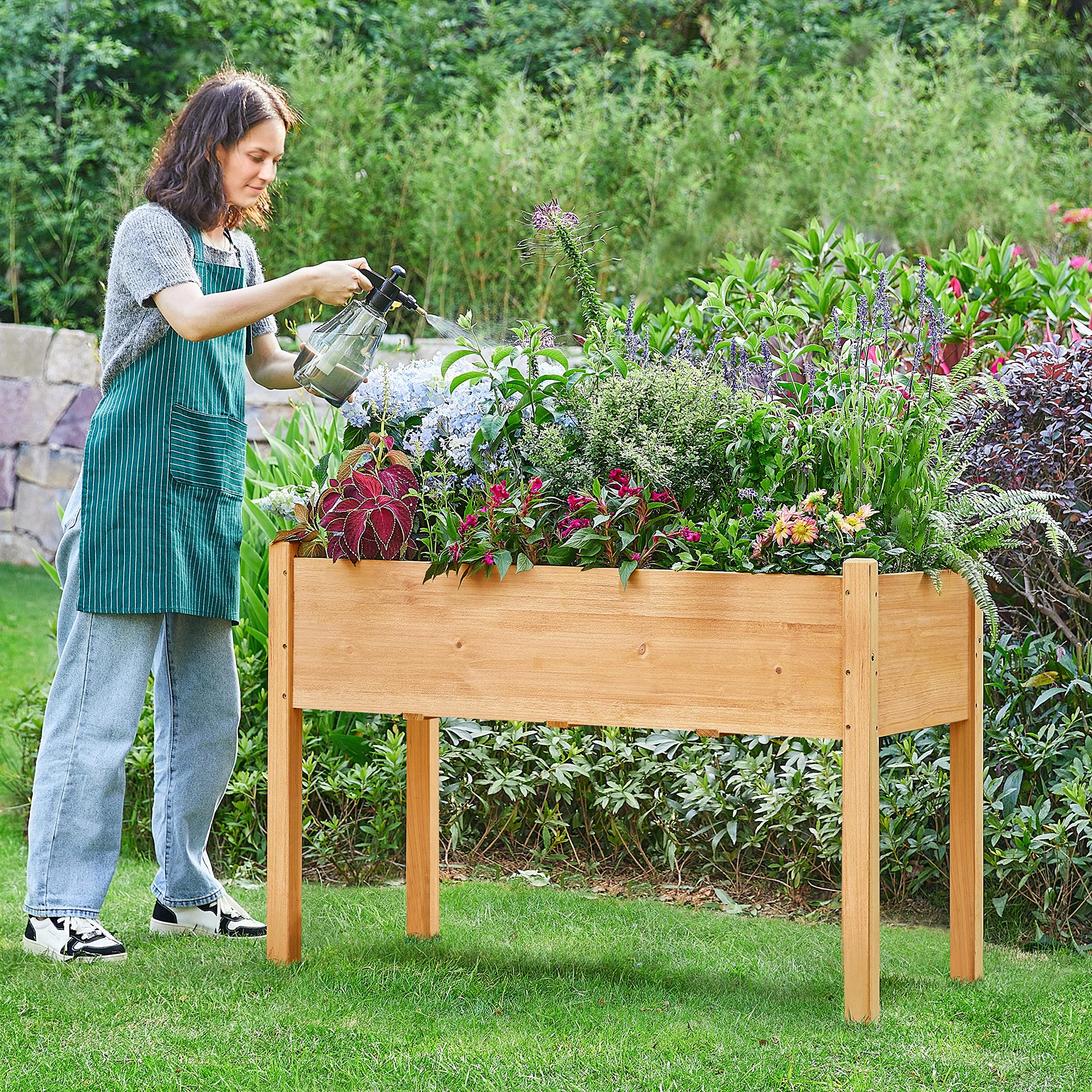 Abician Carré Potager sur Pied Bac Potager en Bois Jardinière sur Pied Extérieur Intérieur pour Fleurs Légumes Brun Clair