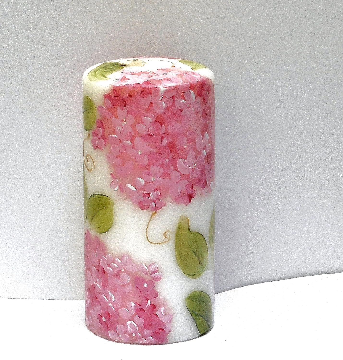 Beautiful Large Tall Decorative Romantic Hand Painted Pink Hydrangea Flower White Pillar Candle with Golden Swirls Big Floral Pillared Candlesticks Shabby Chic Spring Summer Home Decor