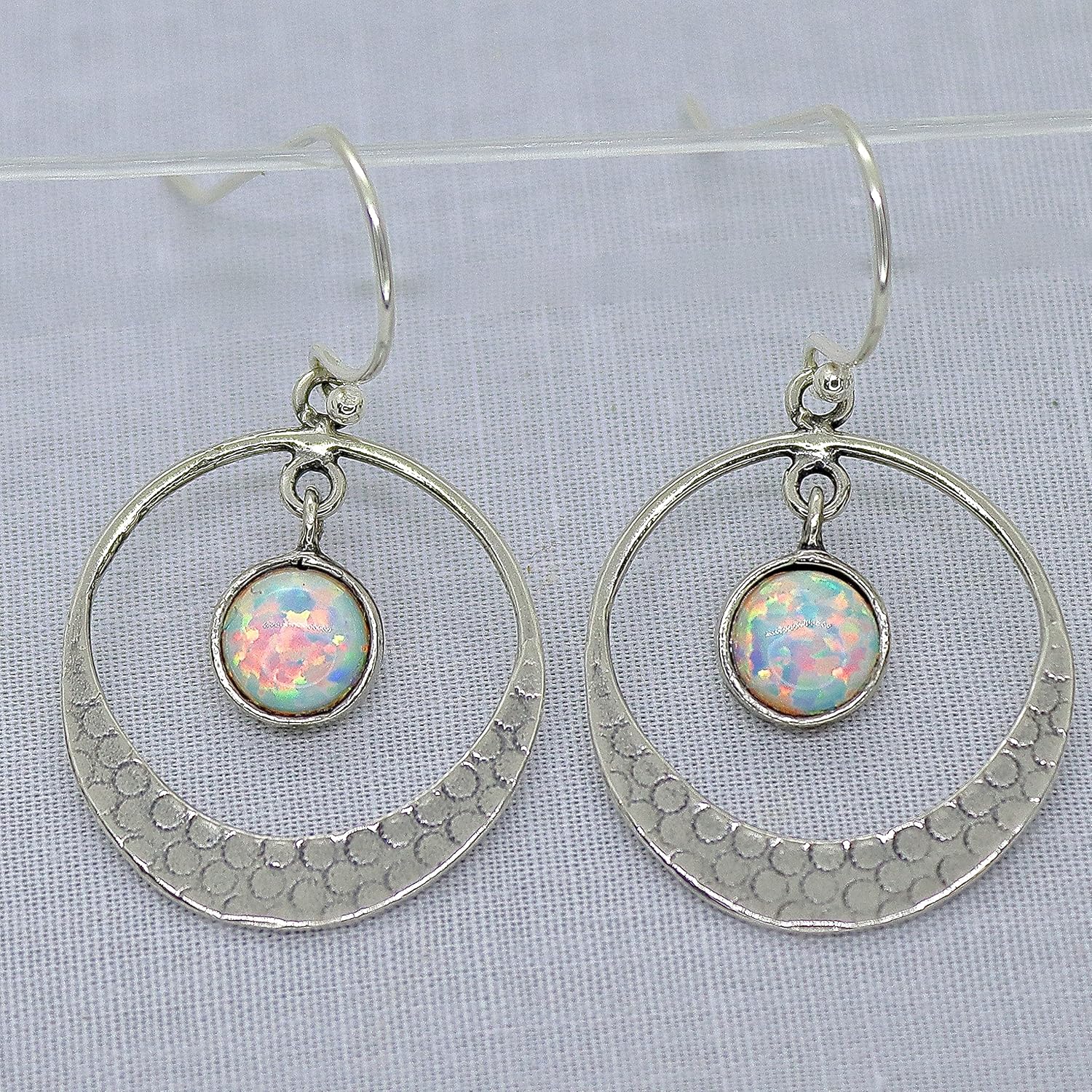 White Opal earrings, Sterling silver 925 dangle earring for women, Open hoop with stone dangle in the center, Hammered silver earrings, Unique silver earrings