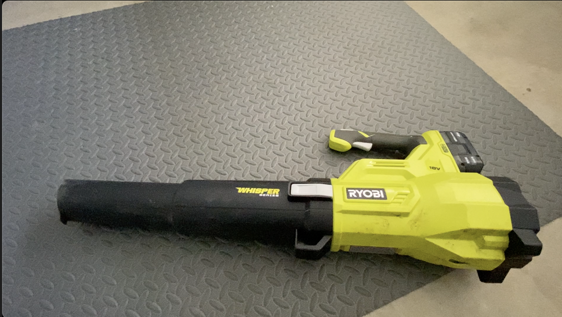 RYOBI P21010BTLVNM Blower with battery inserted