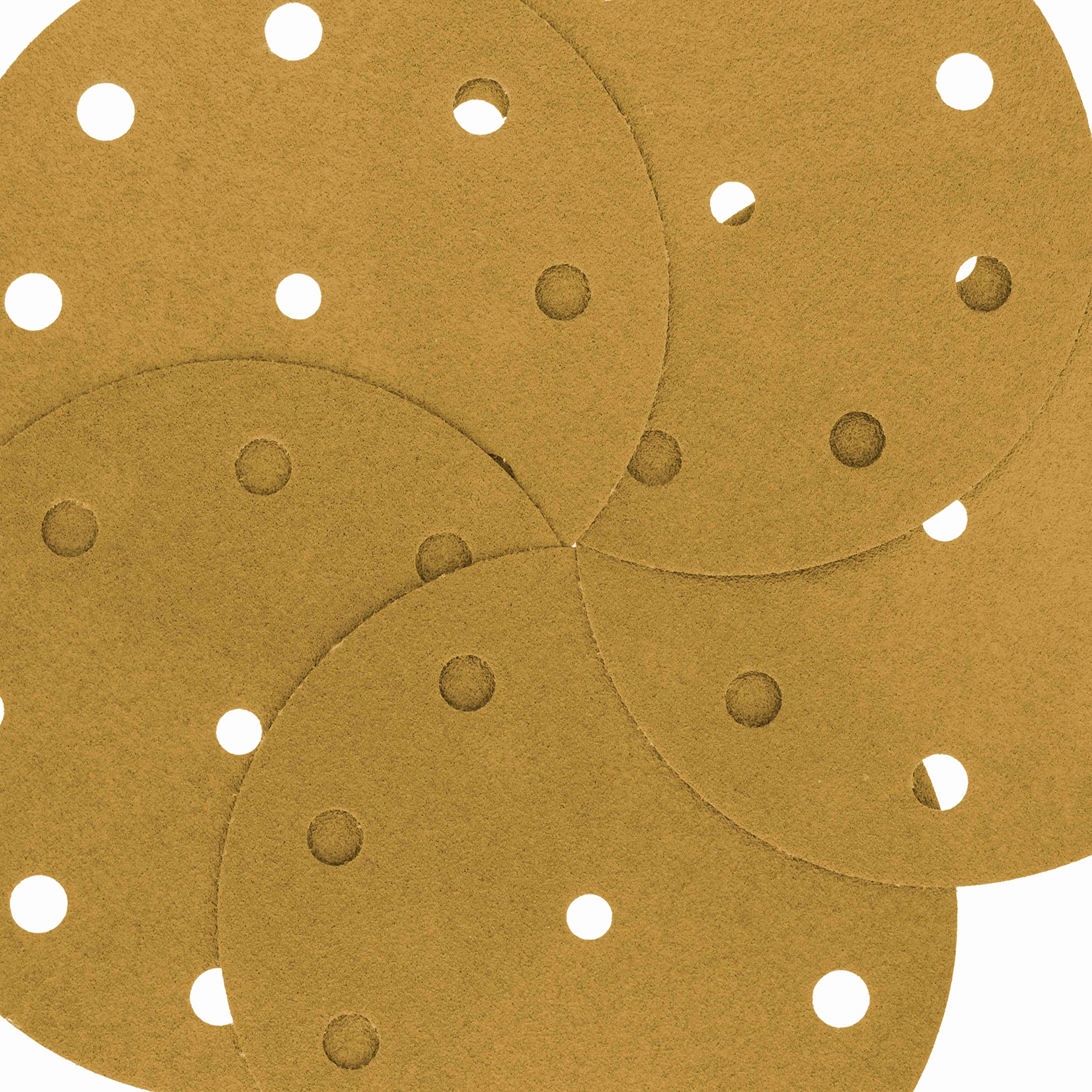 Dura-Gold – Premium – 100 Grit – 5 discos de lija dorados – 9 agujeros patrón sin polvo gancho y bucle para lijadora DA, caja de 50 discos de papel de lija de acabado para carpintería o automoción