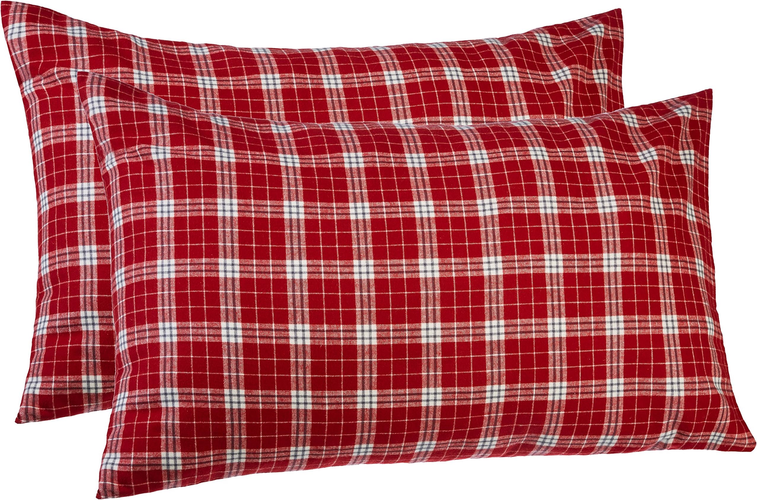 Amazon Brand – Pinzon 160-Gram Plaid Flannel Cotton Pillowcases, Set of 2, King, Bordeaux Red Plaid