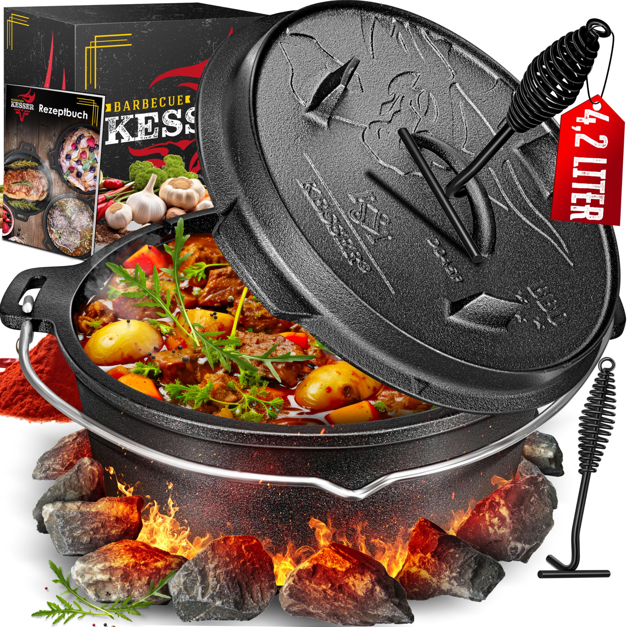 KESSER® Dutch Oven Set BBQ 4,2 Liter, Feuertopf Schmortopf mit Füßen, Gusseisen Topf mit Deckelheber Henkel und Schlitz für Themormeter, kochkessel Grilltopf Gulaschkessel für Oudoor & Indoor
