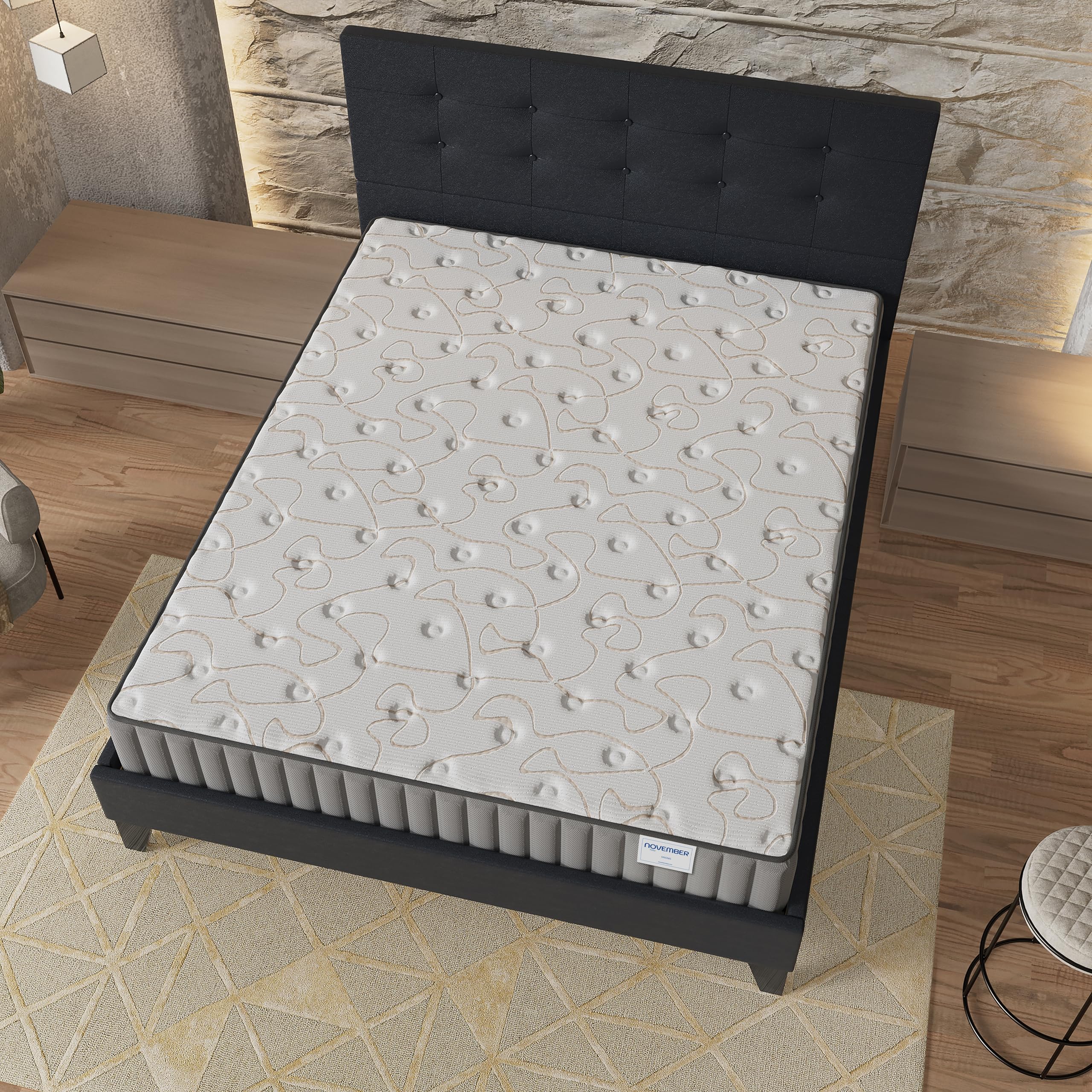 NOVEMBER- Ensemble Matelas + Sommier & tête de lit capitonnée (140 x 190cm)- Matelas Orionis Mousse Mémoire de Forme d’épaisseur 16cm + Lit Stable & Robuste, revêtement synthétique Noir