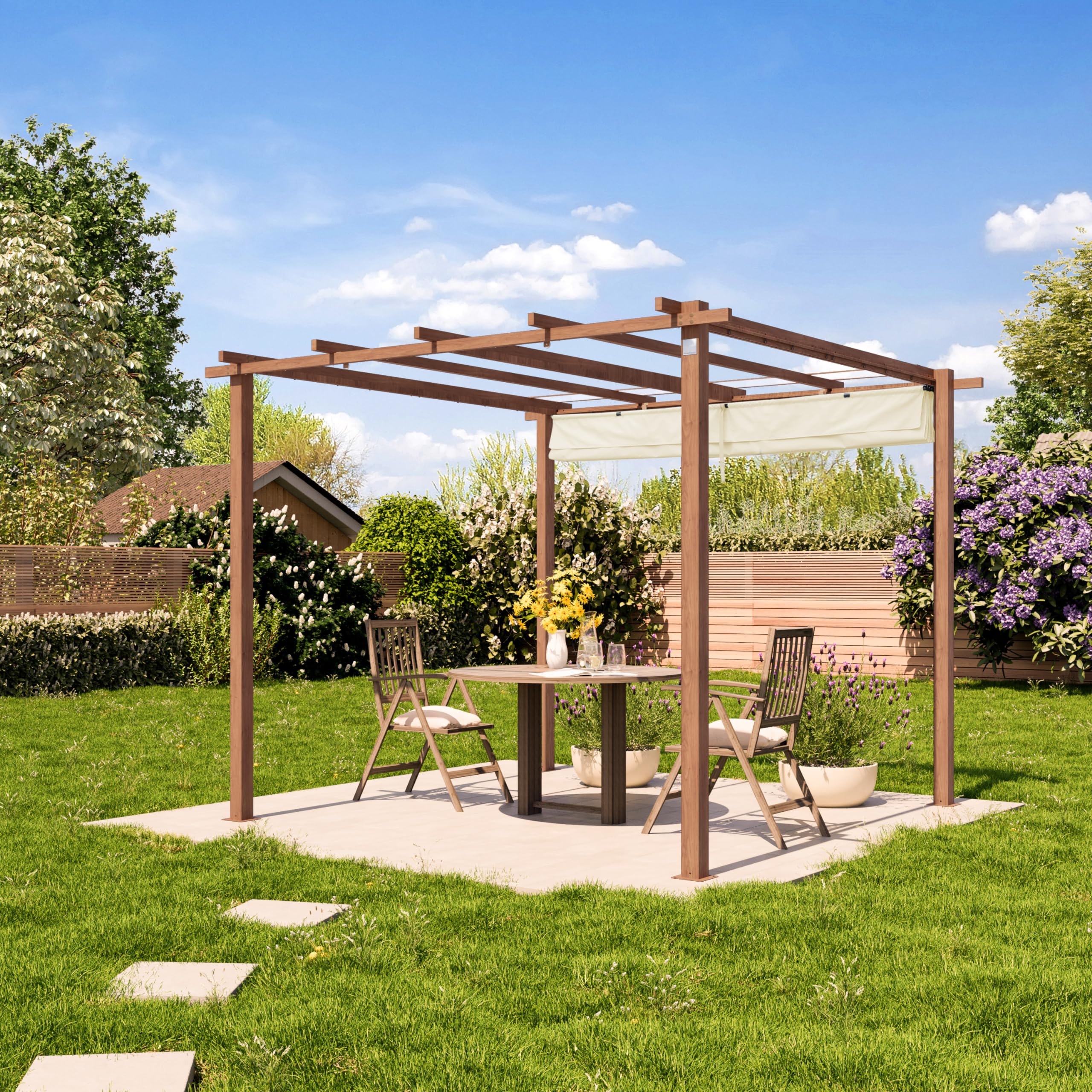 PRIMEYARD Pergola 3x3 m gazebo da giardino con tetto scorrevole struttura in acciaio look legno