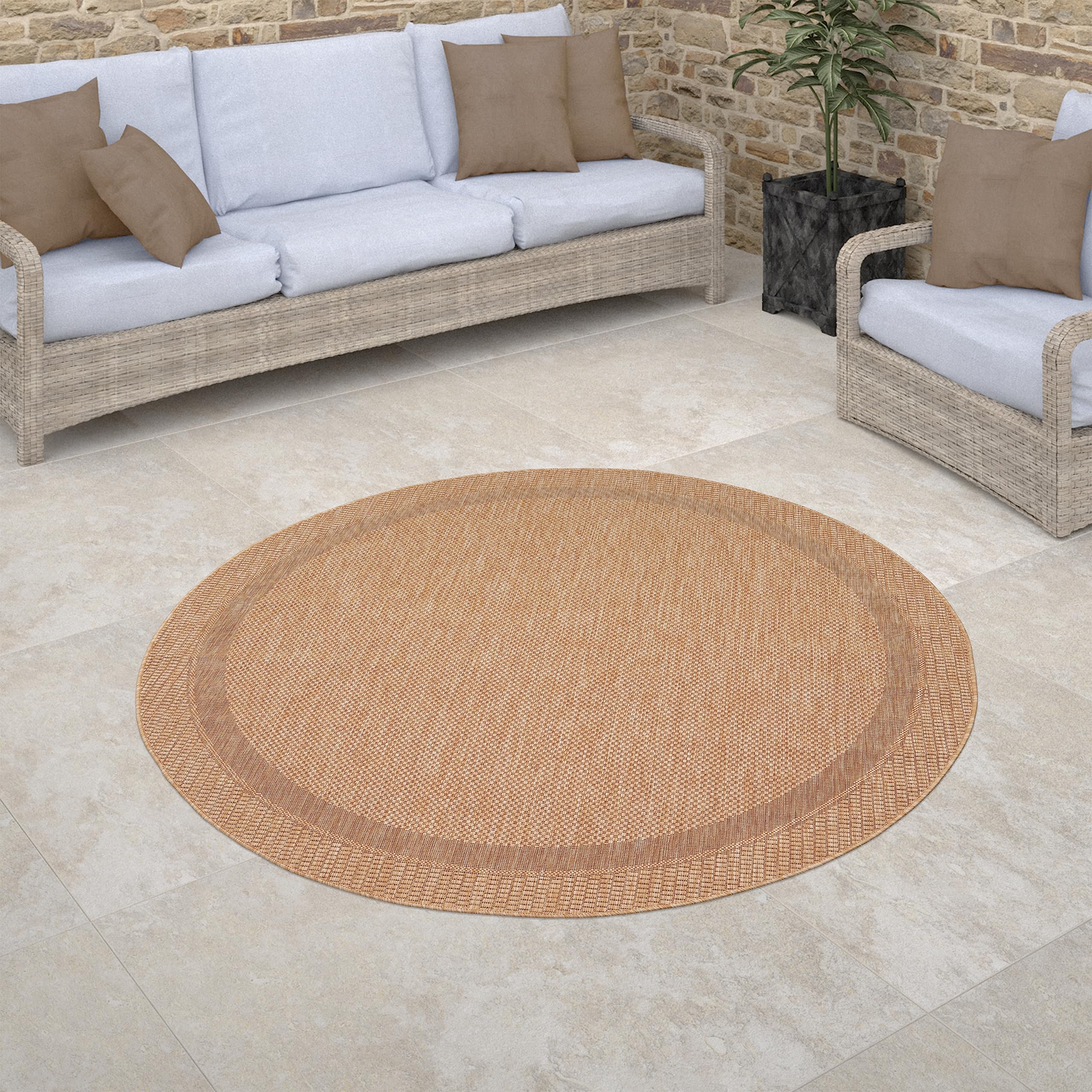 Paco Home Alfombra Interior Y Exterior Redonda Balcon Terraza Alfombra Cocina Dibujo Geometrico Moderna Rayas con Ribete, tamaño:80 cm Redon, Color:Beige