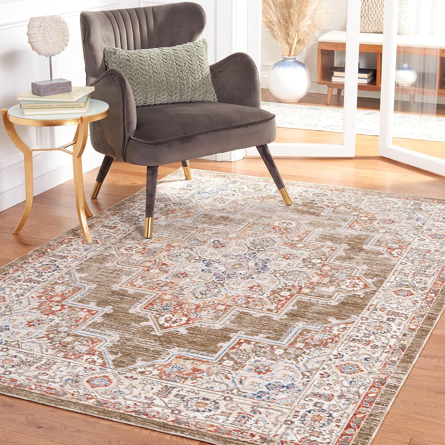SAFAVIEH Olympia Collection Runner Rug - 2'3" x 9', Dark Grey & Beige, Oriental Medallion Design, Non-Shedding & Easy Care, Ideal for High Traffic Areas in Living Room, Bedroom (OPA208F)