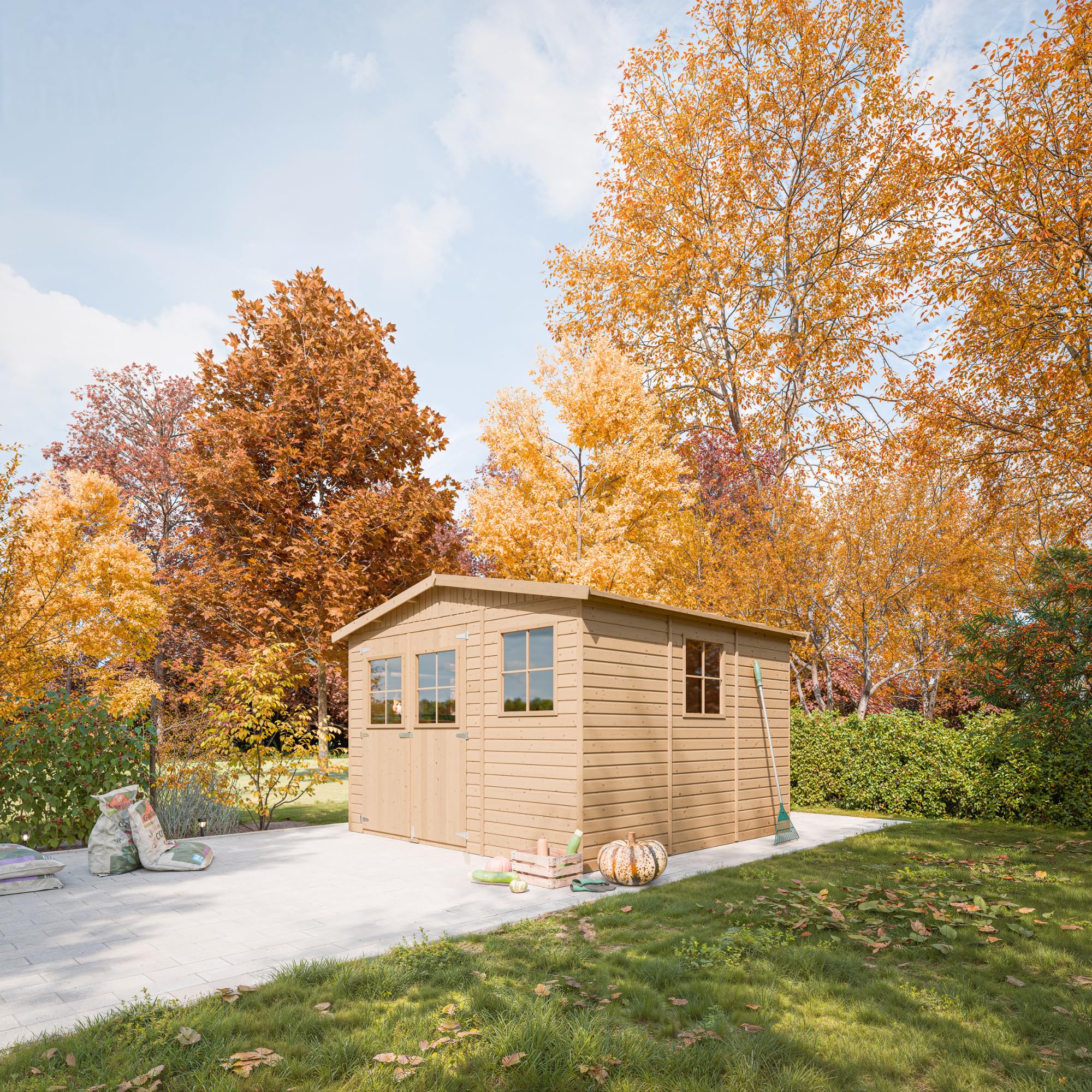 Timbela M335+M335G Drewniana szopa ogrodowa, schowek z oknami, 226 (wys.) x 318 x 320 cm/ 9 m², naturalne drewno, warsztat, na rowery, narzędzia