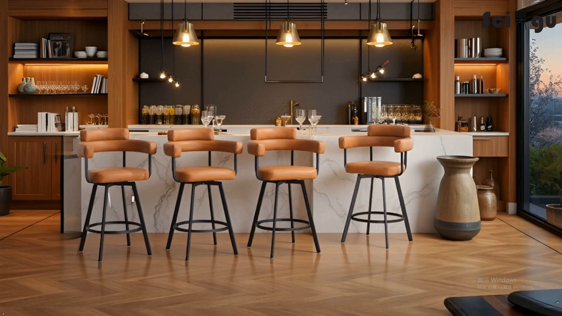 Butacos giratorios de estilo mid-century modern, altura de barra (26 pulgadas), cuero sintético marrón, respaldo abierto envolvente, patas metálicas, pedal anular, para isla de cocina y bar en casa — Set de 2 miniatura 7