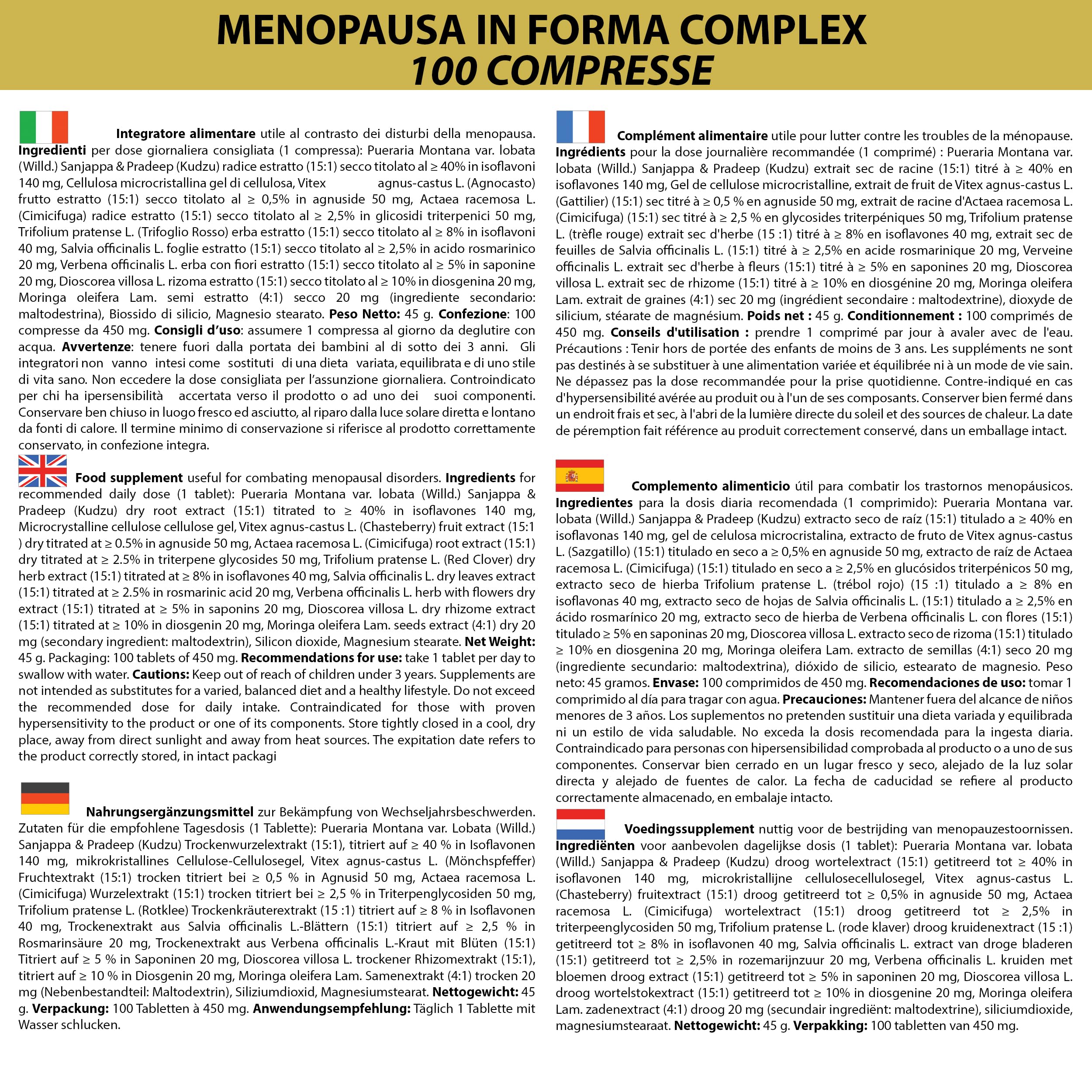 Kudzu e Trifoglio Rosso Ricchi in Isoflavoni, con Cimicifuga, Agnocasto, Moringa, Salvia, Dioscorea, Verbena | Menopausa In Forma Complex 400 Compresse | Controllo del Peso e Rilassamento | Vampate