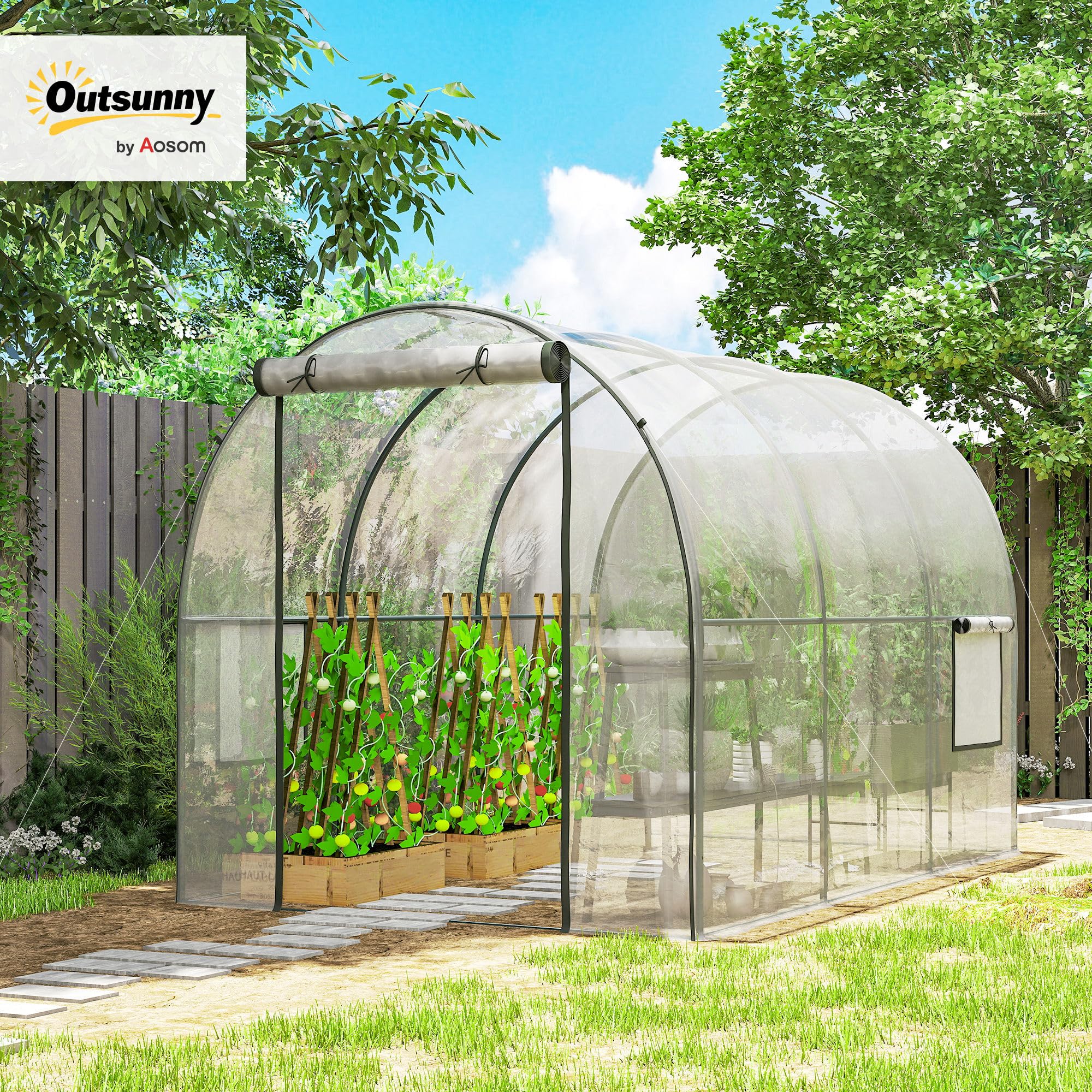 Outsunny Invernadero de Exterior 3x2x2 m 2 Ventanas de Malla Transparente | Invernadero de Túnel, Puerta Enrollable, Cubierta de Plástico, Marco de Acero, Anti-UV, para Cultivos Plantas Flores