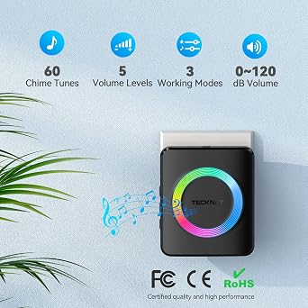 TECKNET Plug-in Wireless Doorbell with 2 Receivers (Black) | 1300ft Long Range, IP65 Waterproof Door Bells Wireless Cordless, 120dB Loud Volume, 60 Chimes & RGB Light