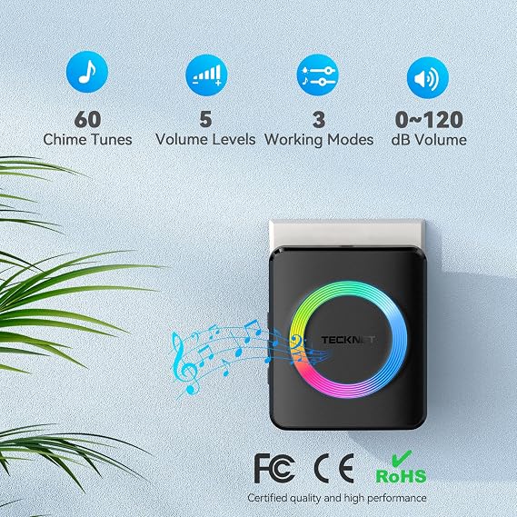 TECKNET Plug-in Wireless Doorbell with 2 Receivers (Black) | 1300ft Long Range, IP65 Waterproof Door Bells Wireless Cordless, 120dB Loud Volume, 60 Chimes & RGB Light