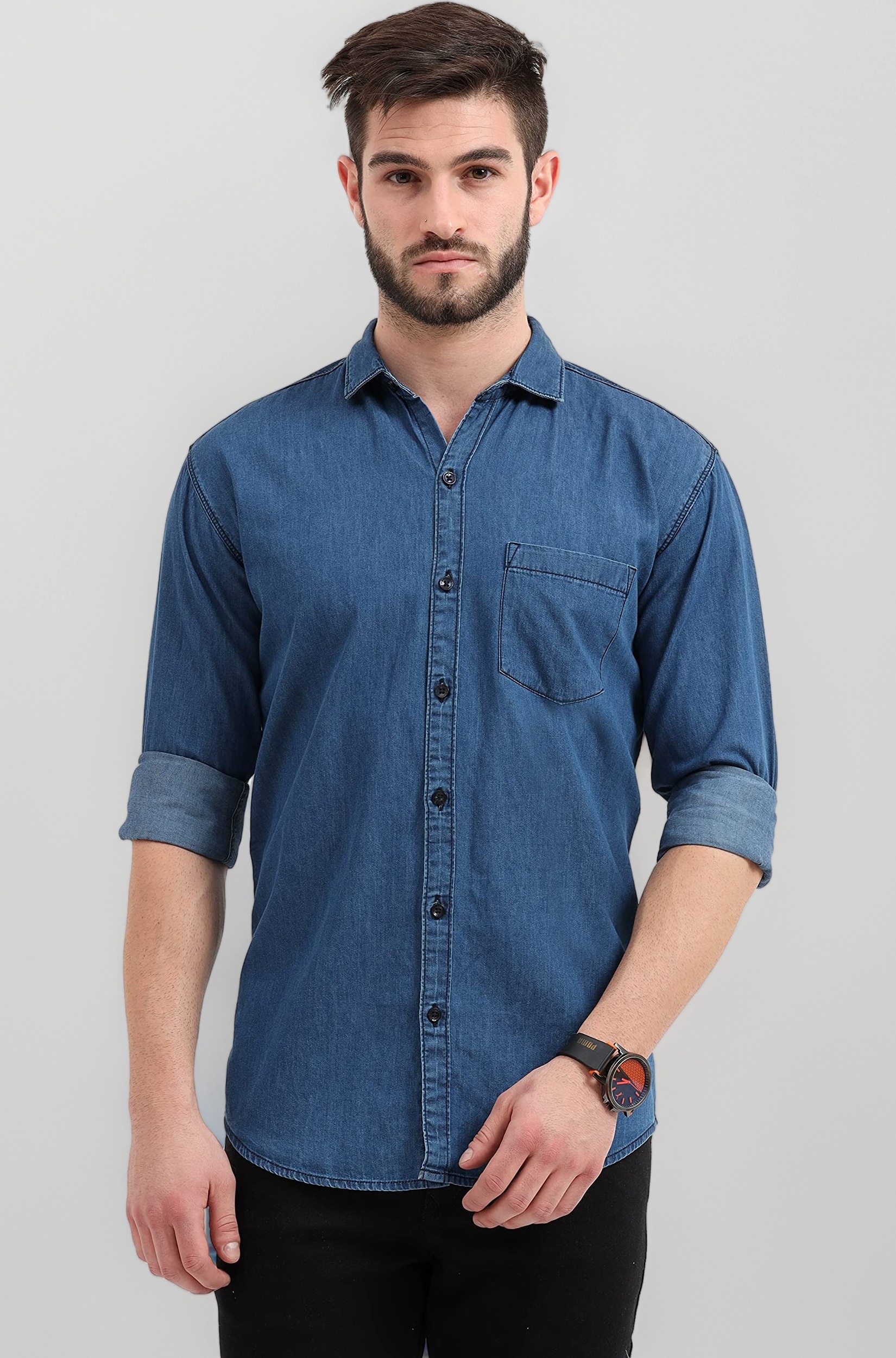 Miraan Men's Long Sleeve Casual Denim Shirt (SIGDENIM)