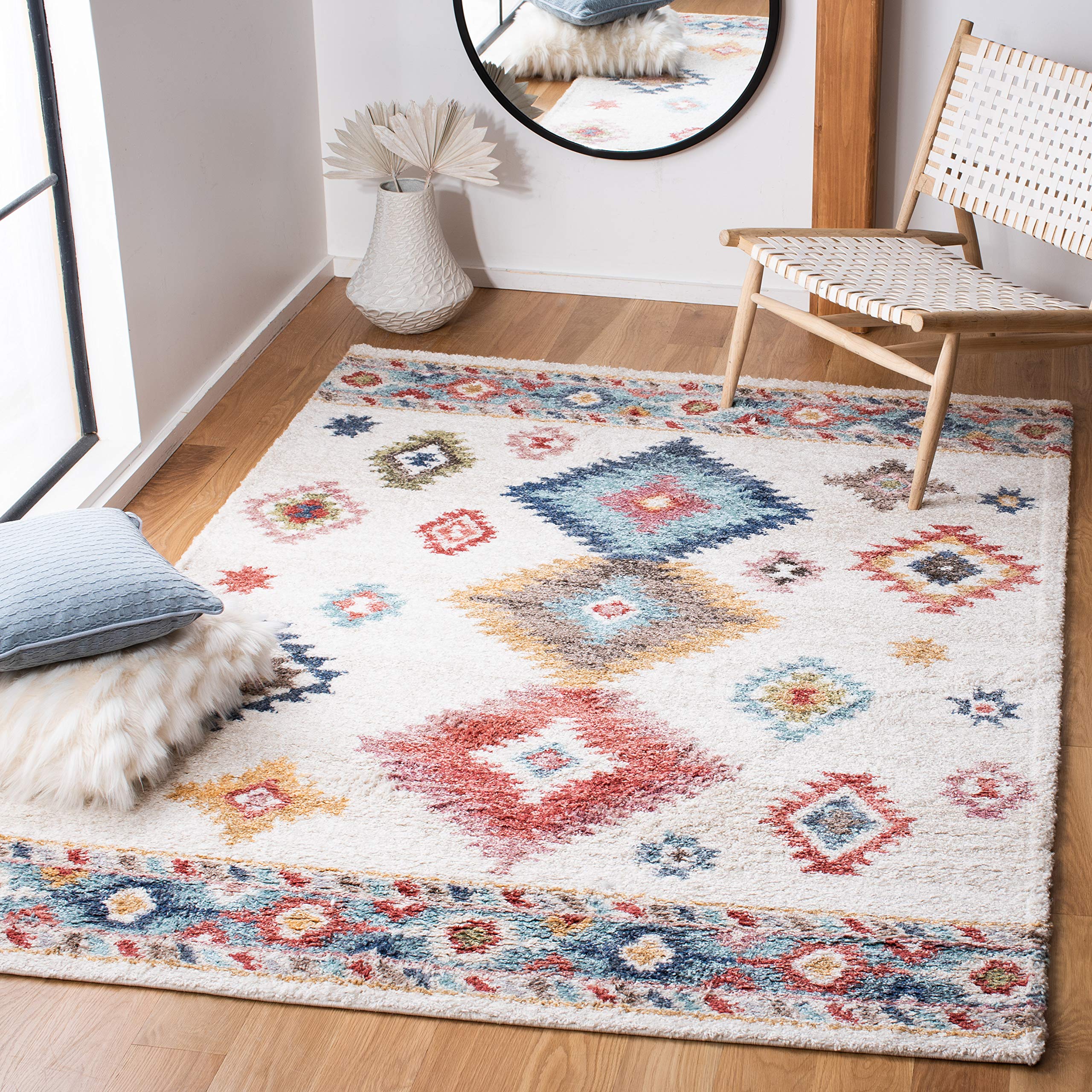 SAFAVIEH Calista Shag Collection Area Rug - 9' x 12', Ivory & Blue, Moroccan Boho Design, Non-Shedding & Easy Care, 1-inch Thick Ideal for High