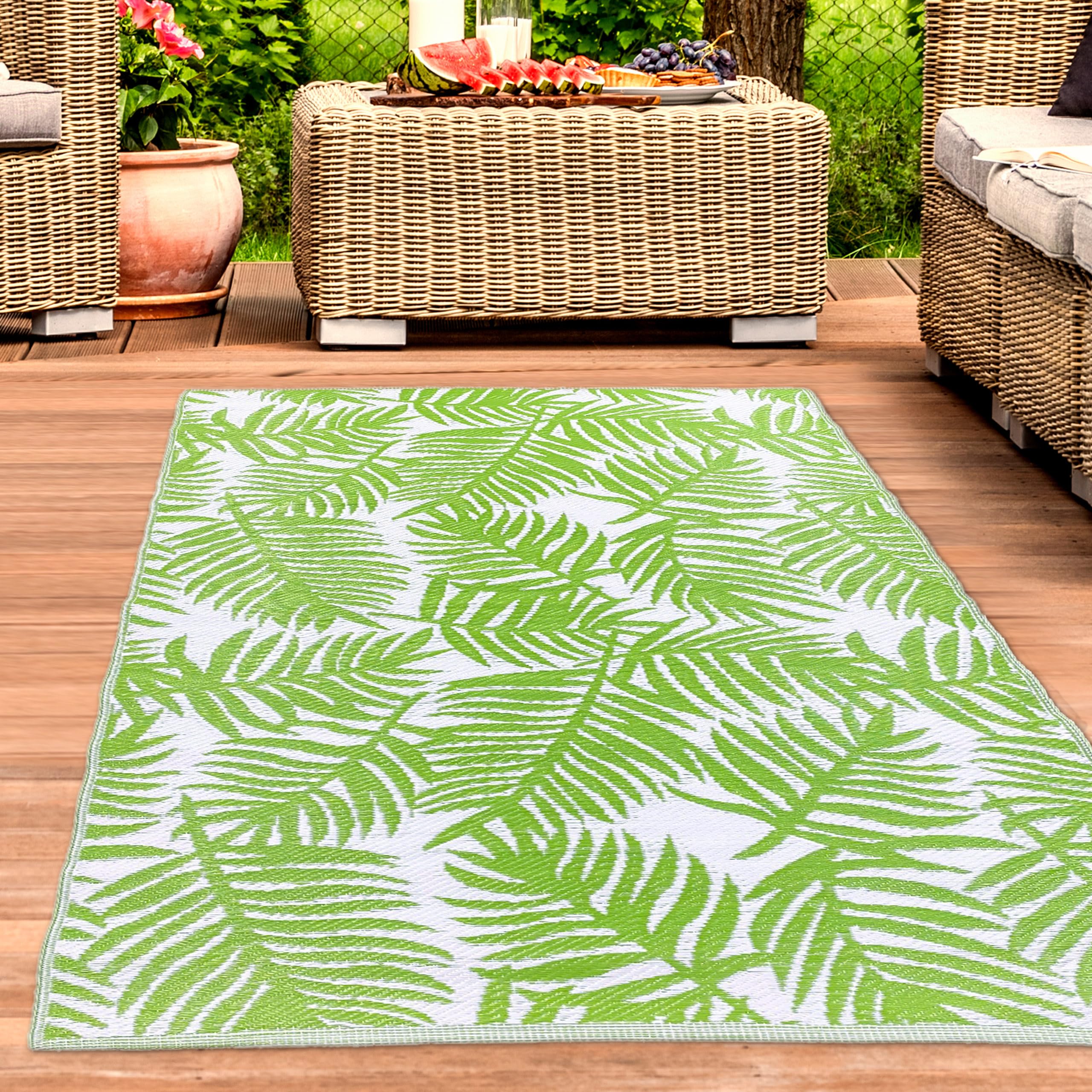 CARPETIA Alfombra de Exterior de plástico Resistente a la Intemperie Terraza de jardín Balcón Camping Tropical Palm diseño Verde-Blanco 180 x 280 cm