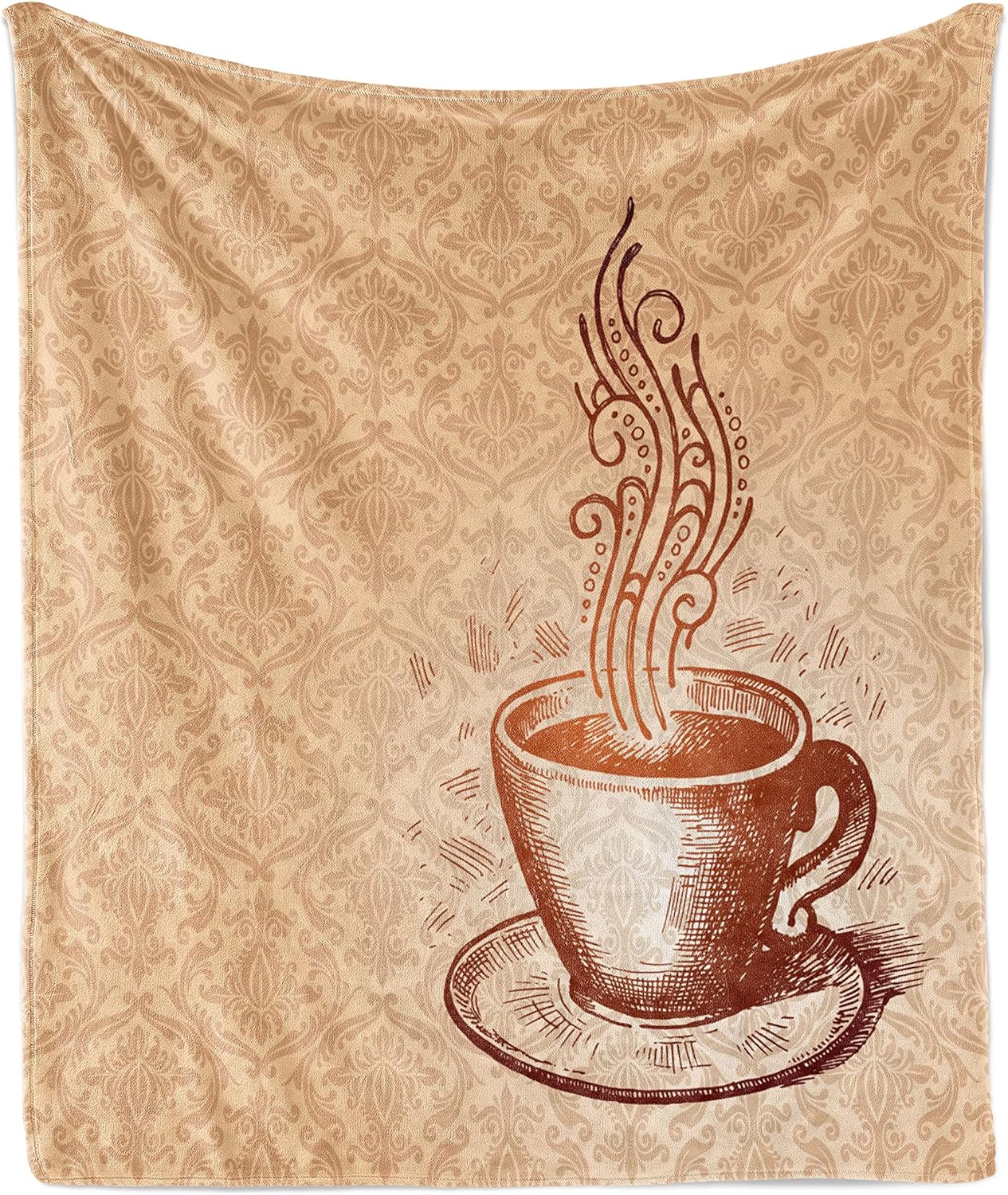 Lunarable Coffee Throw Blanket, Cup Saucer Pattern on Damask Themed Background Ornamental Art, Flannel Fleece Accent Piece Soft Couch Cover for Adults, 50" x 70", Brown Camel