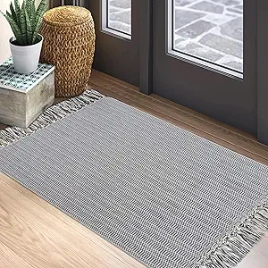 EARTHALL Upgraded Boho Bathroom Rug 2'x3', 100% Woven Boho Rug for Bedroom Dark Grey Bohemian Rug Bath Mat, Kitchen Rug Washable Cotton Small Throw Rug, Tassel Rug for Kitchen/Laundry/Doorway/Porch