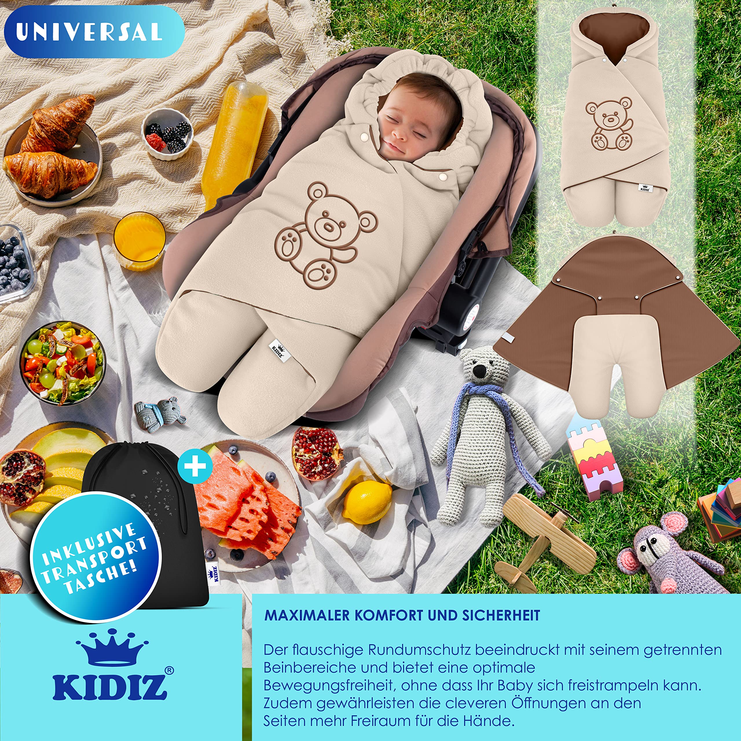KIDIZ® Couverture Hiver avec Capuche + Poche Universelle pour Bébé - Compatible Coque, Siège Auto, Römer, Buggy, Lit, Poussette & Systèmes de Ceinture 3 & 5 Points