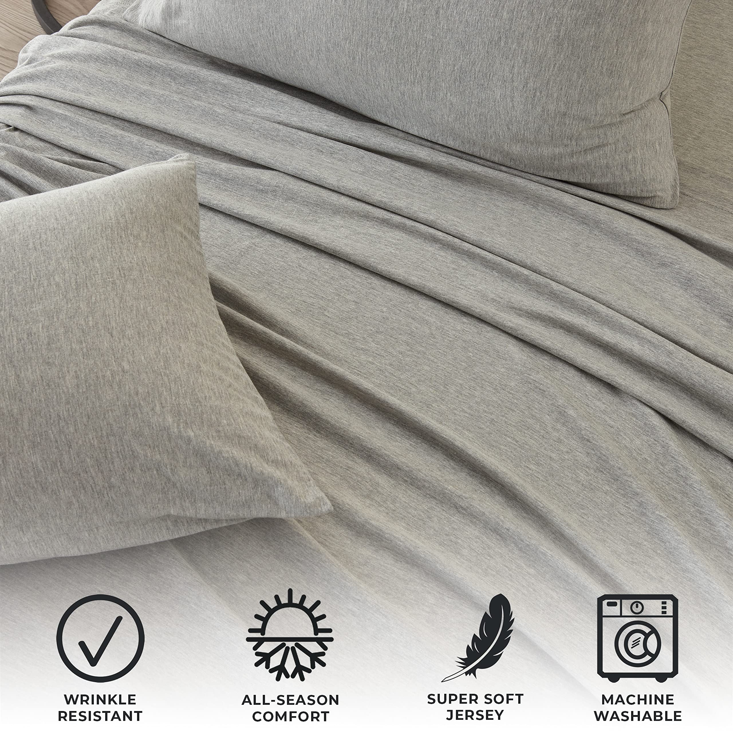 Great Bay Home Extra Soft Jersey Knit T-Shirt Full Cotton Sheet Set | Breathable, Comfortable, and Cozy 4 Pc Light Grey Sheets Set | All-Season Jersey Knit Sheets