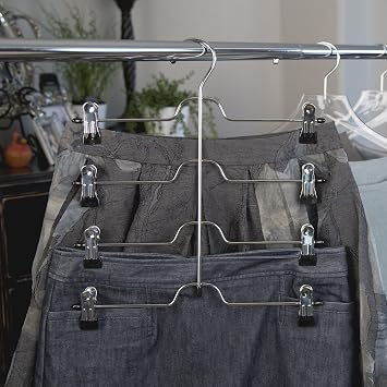 Richards Homewares Skirt and Trouser Hanger, 4-Tier 8-Clip, Black Vinyl Coated Chrome Adjustable Clips