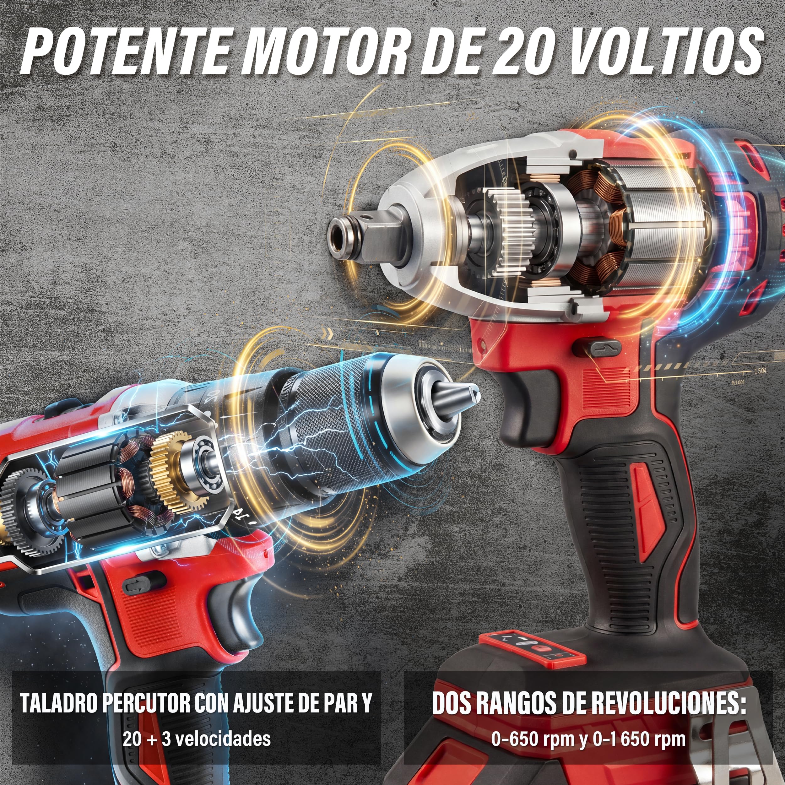 TEENO Herramientas, atornillador, llave impacto y amoladora angular batería | Equipado motor sin escobillas, pilas 3Ah y vel regulable, juego herramientas completo apto para corte, taladrado y apriete
