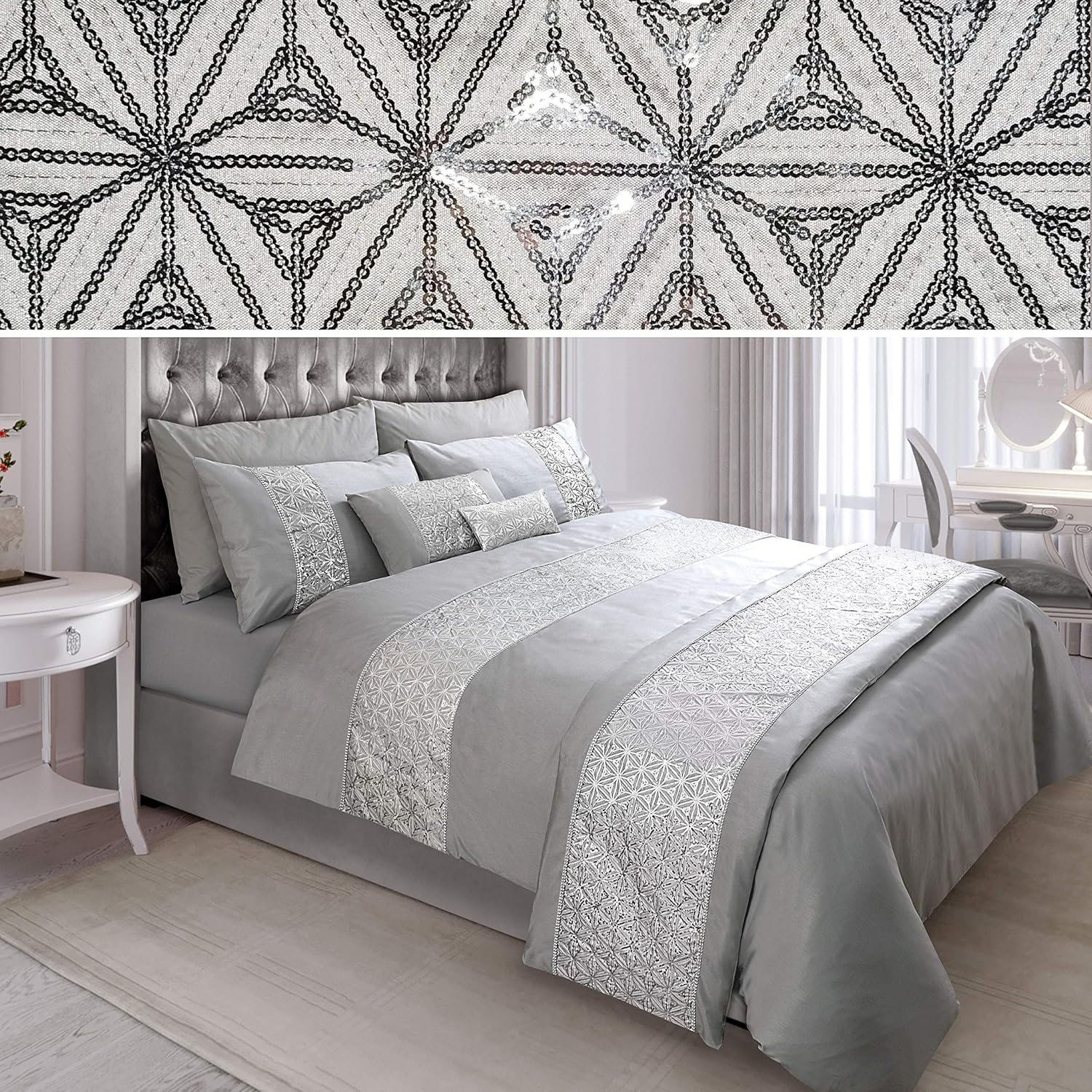 NA Luxury Sequin Diamante Quilt Duvet Cover Set Bedding Linen Silver Grey (0204) (Super King