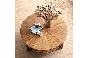 Rustic Wood Round Coffee Table with 2 Tier Shelves