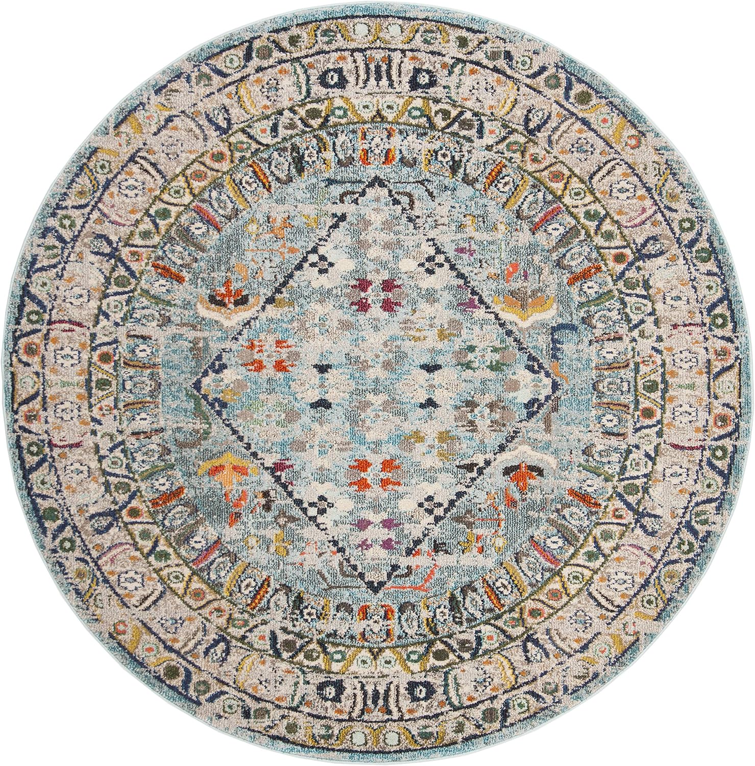 SAFAVIEH Monaco Collection 9' Round BlueLight Grey MNC255M Boho Chic Oriental Distressed Non-Shedding Dining Room Entryway Foyer Living Room Bedroom Area Rug