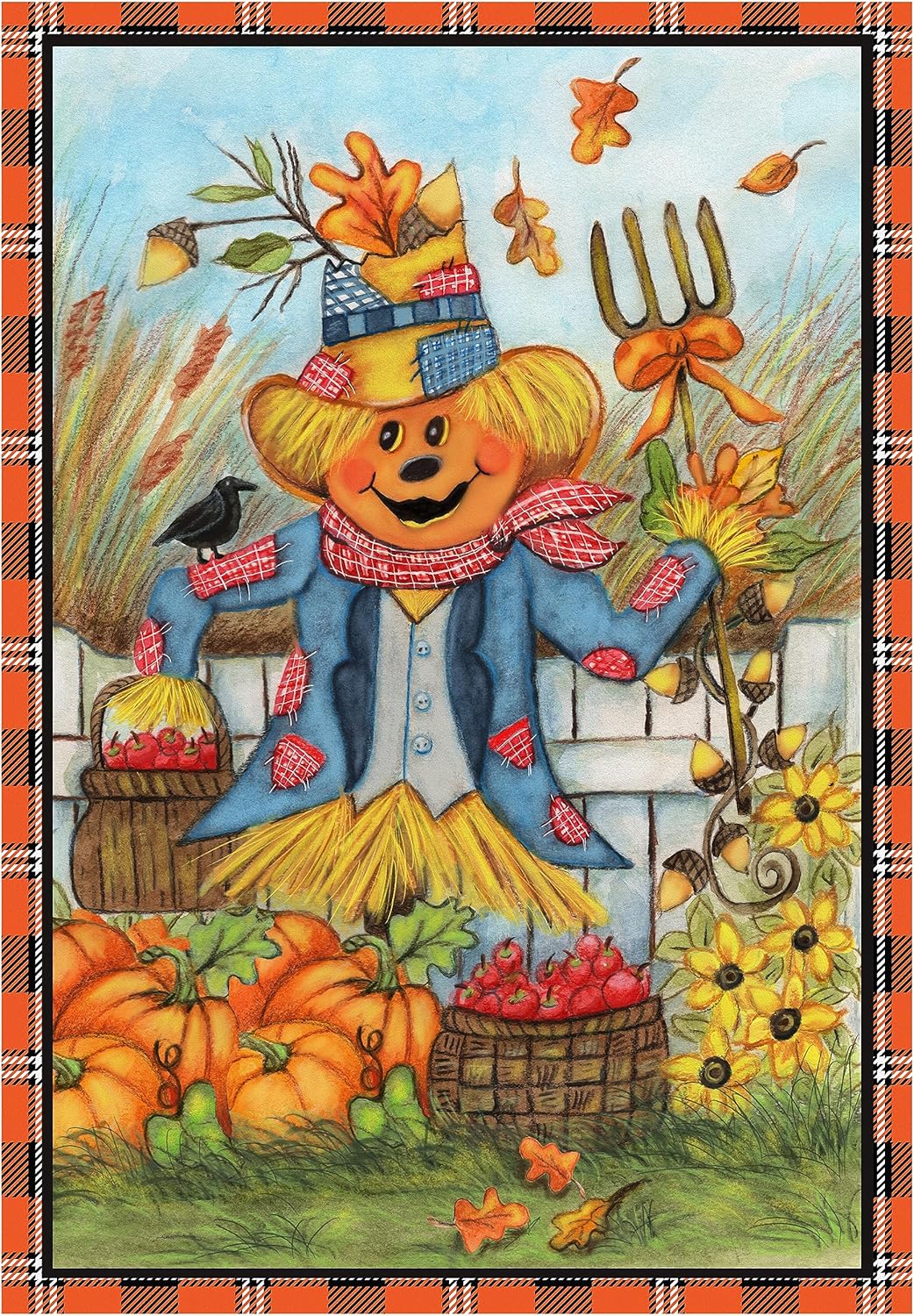 Fabric Panels for Quilting Fall Scarecrow, Pumpkin, Apples, Sunflowers 30 x 42 Cotton Panel for Quilting, Harvest