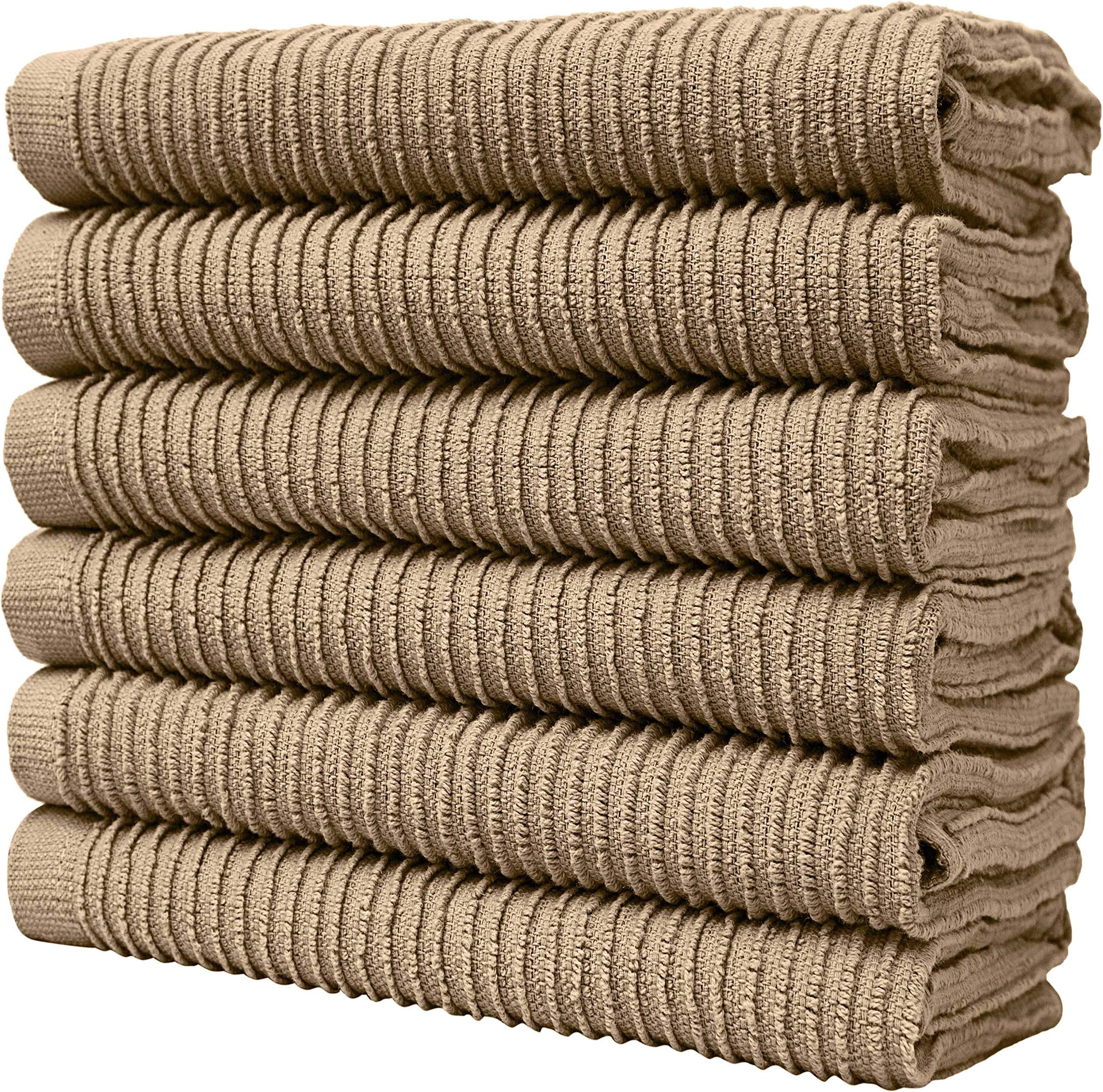 Premium Kitchen Towels - Large Cotton Kitchen Hand Towels - 6 Pack - Ribbed Design (16" x 26") - 340 GSM Highly Absorbent Tea Towels Set with Hanging Loop (TAN)