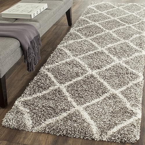 SAFAVIEH Hudson Shag Collection 2'3" x 14' Grey/Ivory SGH281B Modern Diamond Trellis Non-Shedding Living Room Bedroom Dining Room Entryway Plush 2-inch Thick Runner Rug