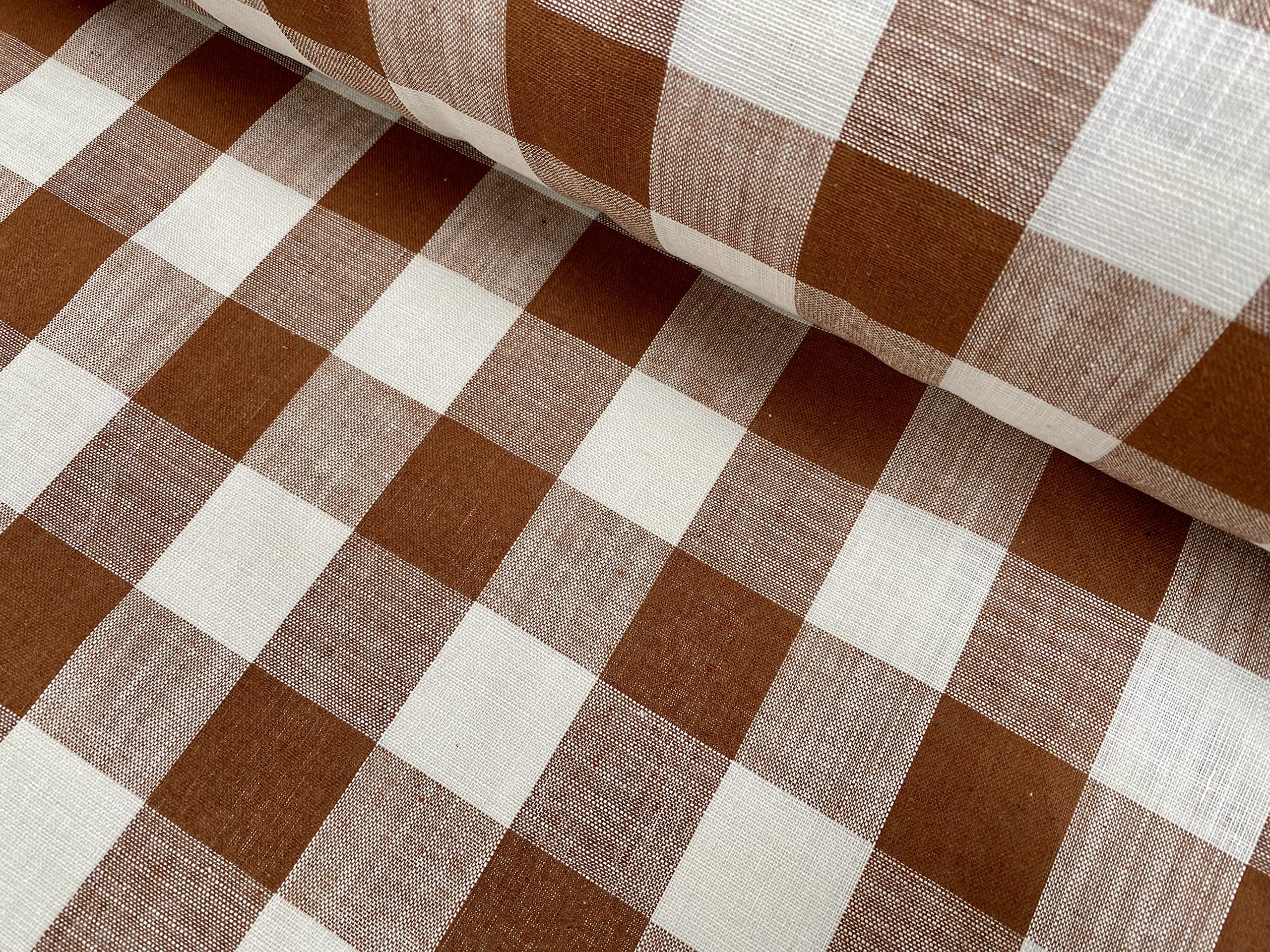Gingham Linen Checked Fabric Plaid Material Buffalo Check - 150cm Wide - Light Brown & White (Sold by The Metre)