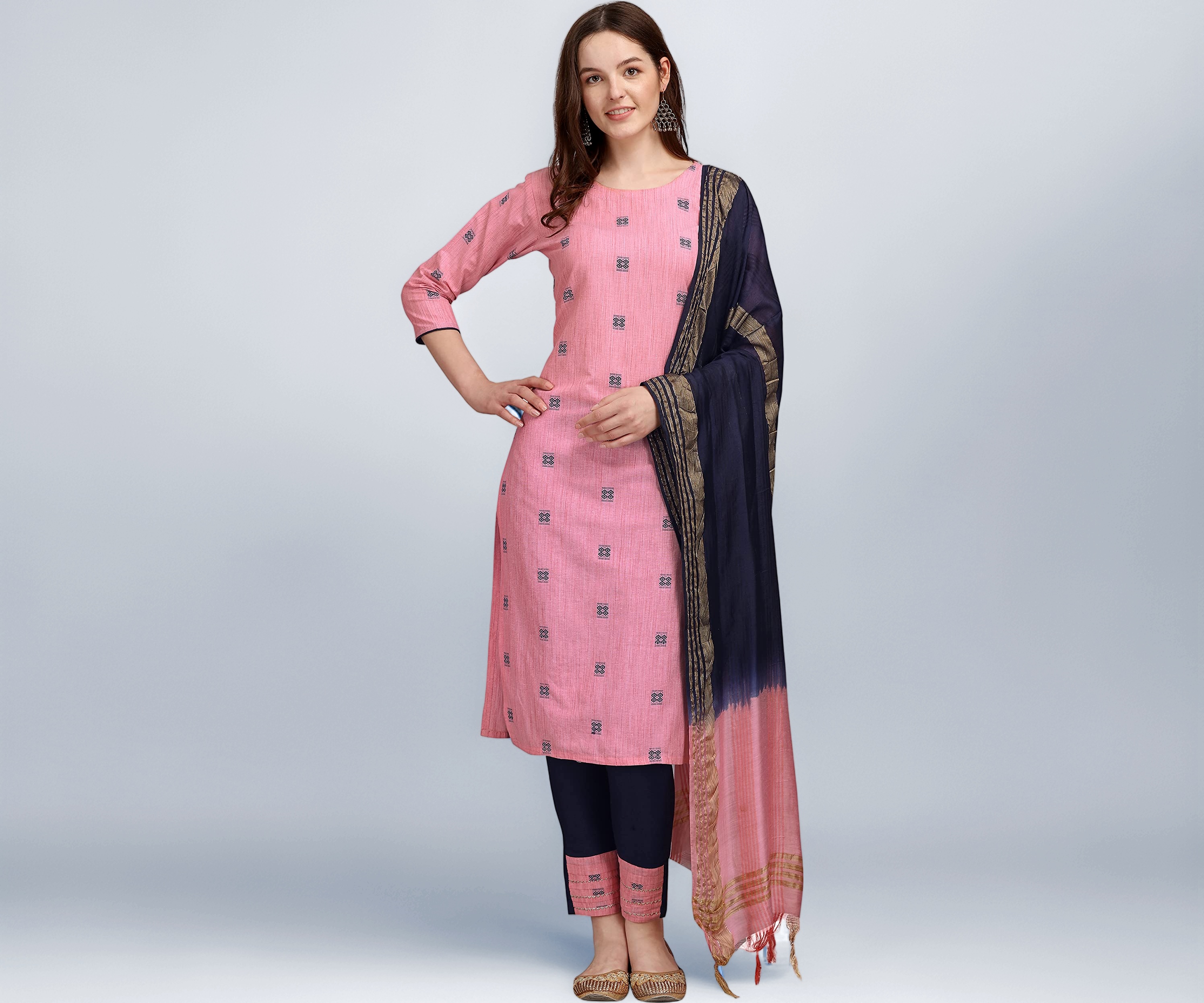 VredeVogel Women Cotton Jacquard Butti Kurta Set Pink 2XL - Image 1