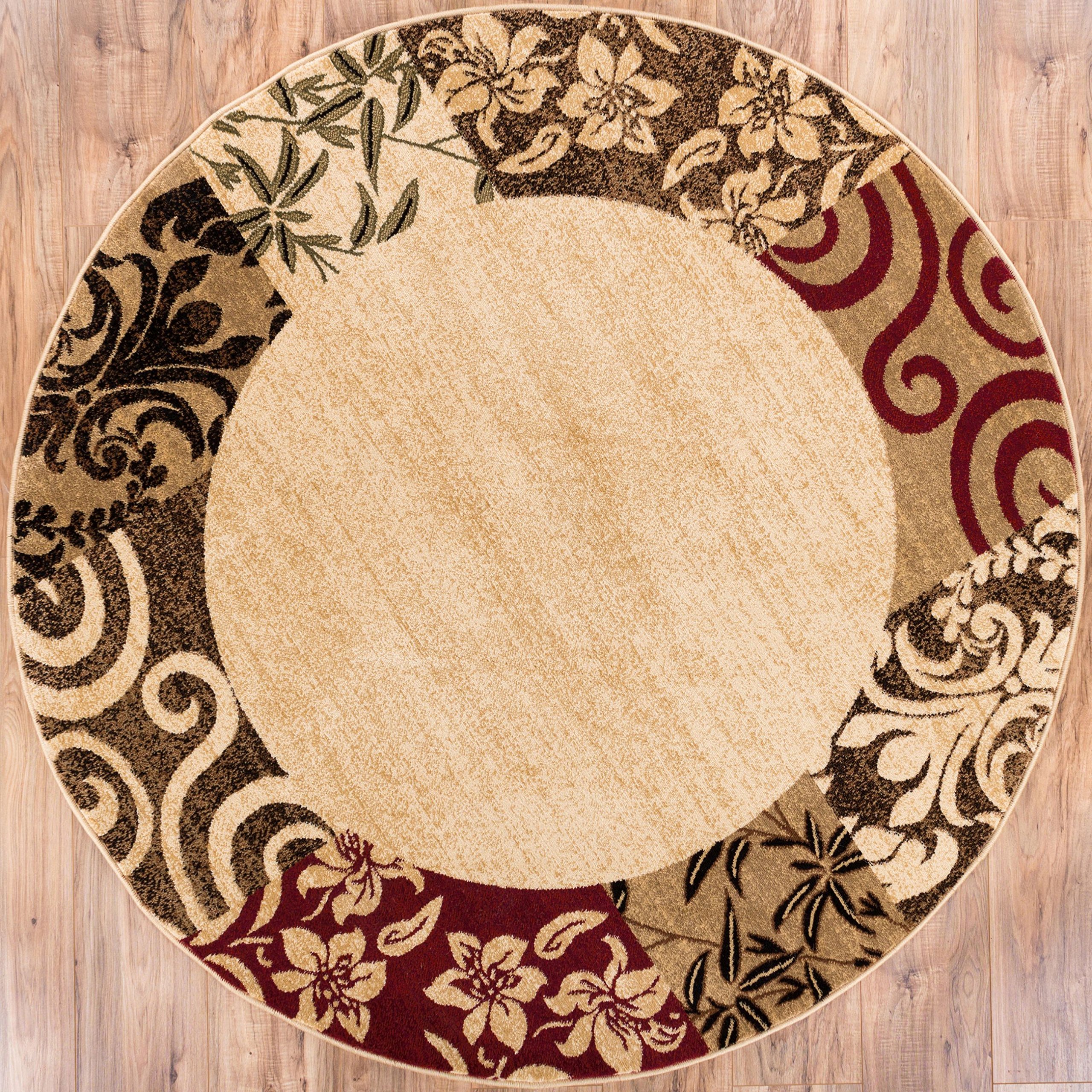 Well Woven Verdant Vines Beige Modern Damask Border Rug 5 (5'3" Round) Casual Oriental Easy Clean Stain Fade Resistant Shed Free Contemporary Floral Formal Gradient Soft Living Dining Room Rug