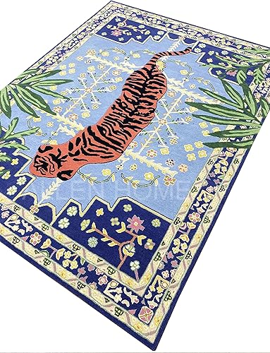 Miniatura 4 de Alfombra de lana con estampado de tigre copetudo a mano, 6 x 9 pies, duradera, 100% lana, para sala de estar, comedor, dormitorio y entrada,