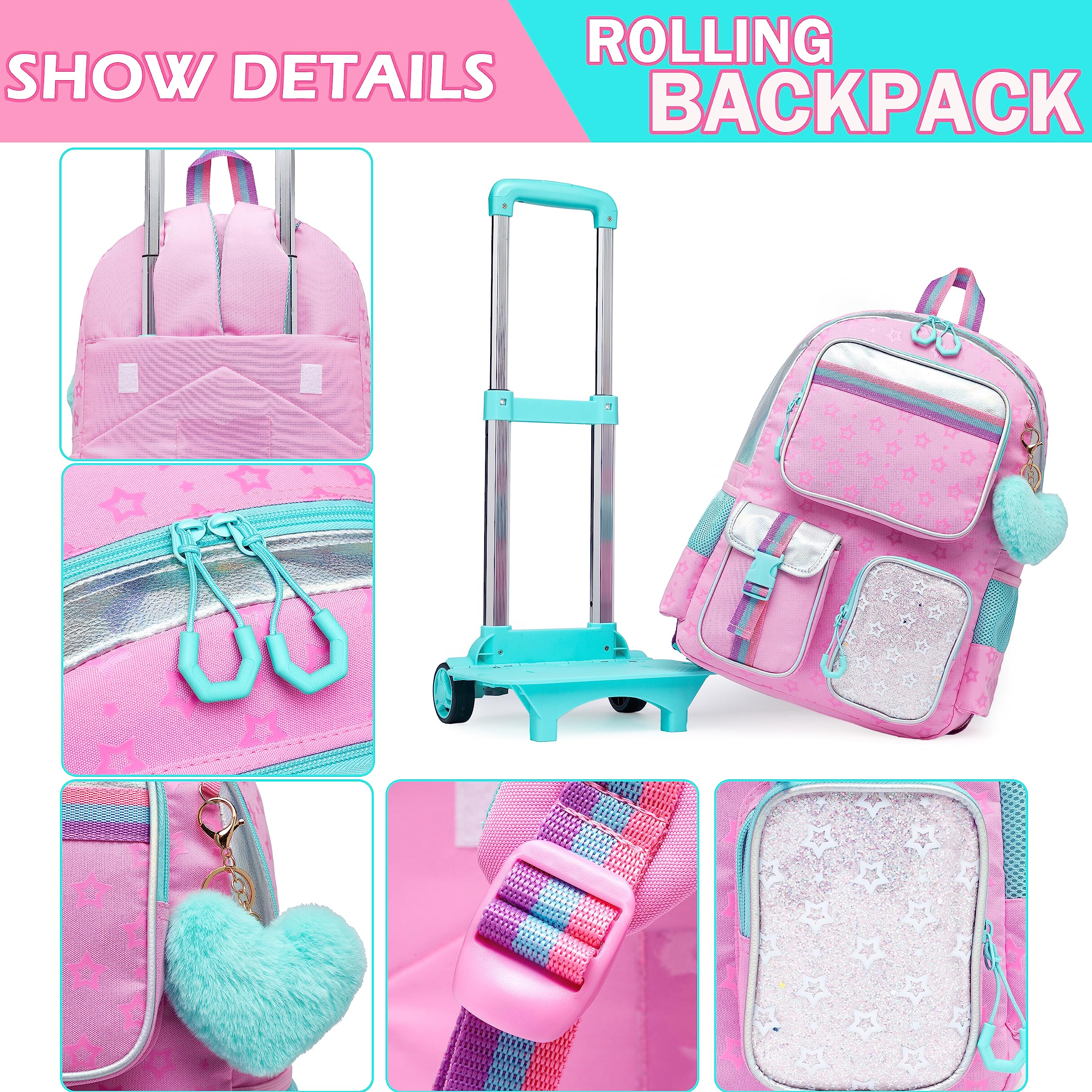 Meetbelify Einhorn Rollrucksack für Mädchen 5 in 1 Grundschüler Schule Rucksäcke mit Rädern Reisegepäck 17 Zoll Kinder Laptoptasche mit Brotdose für Teenager Mädchen