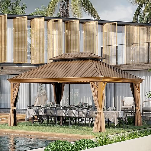 Gazebo de techo rígido de 12 x 16 pies, kiosco de aluminio para exteriores, doble techo, toldo de acero galvanizado con acabado de madera recubierto